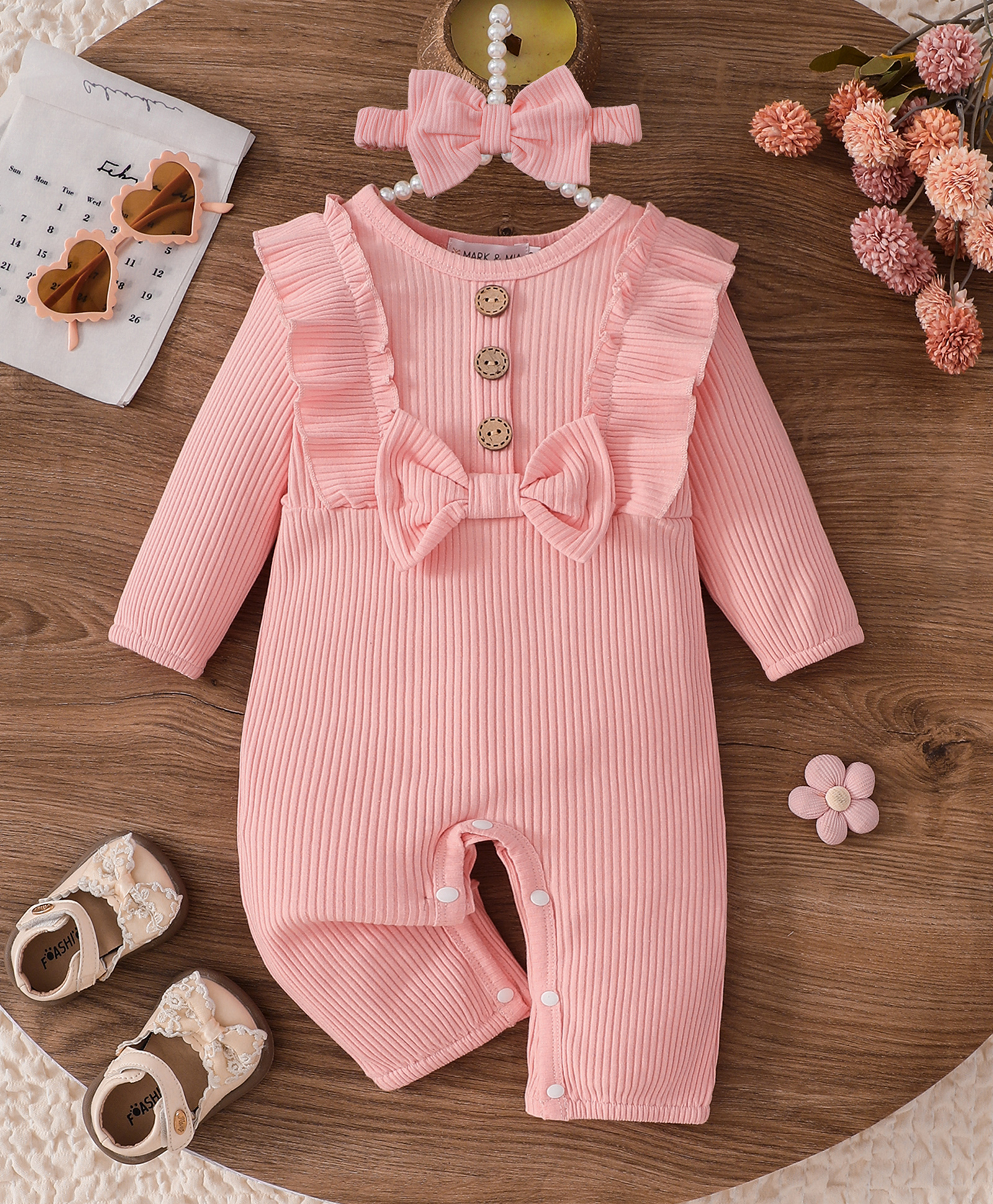 Mark & Mia Cotton Frill Detailing Solid Winter Wear Onesies & Romper With Bow Applique - Pink-picture-11