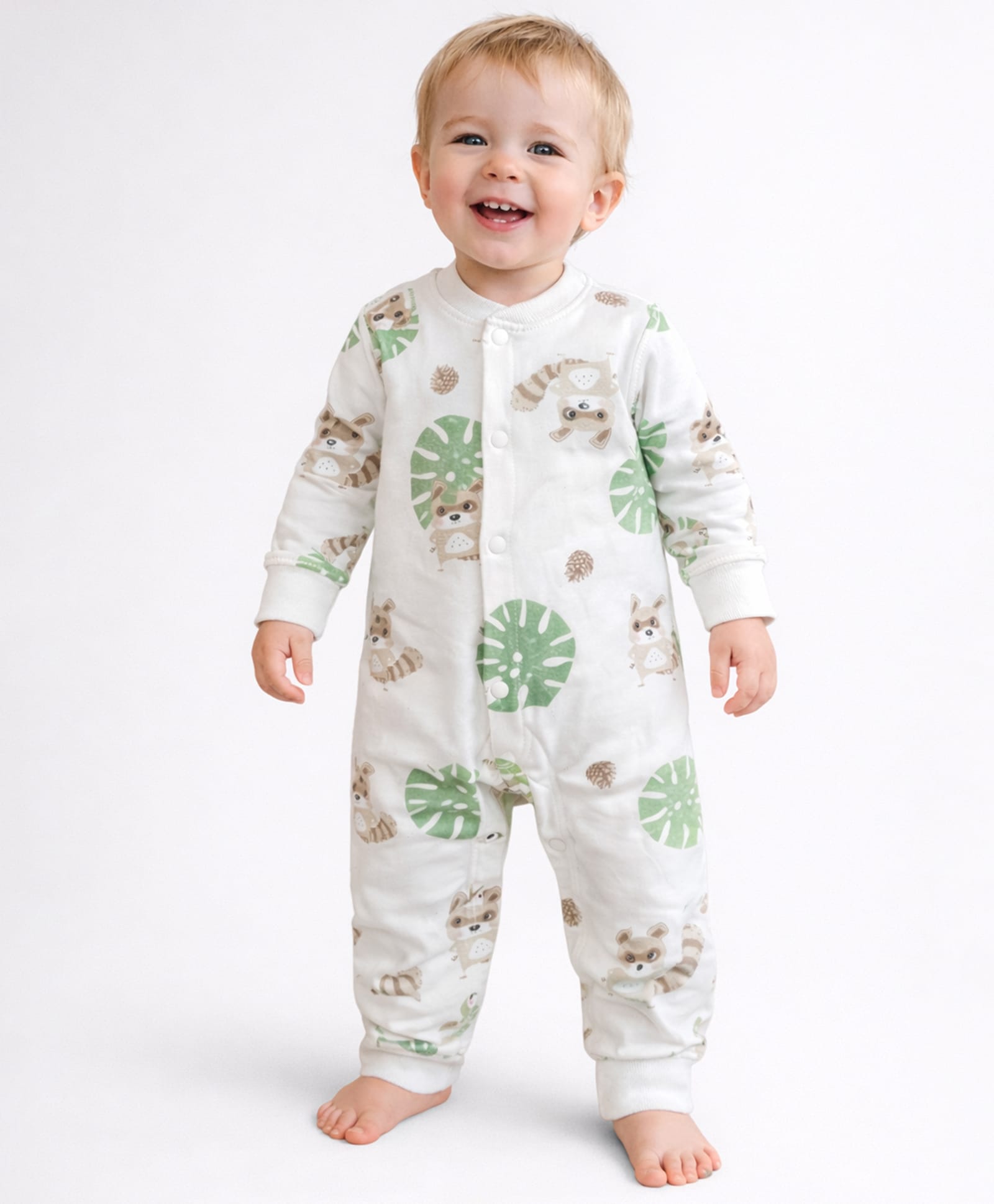 Little Surprise Box Cotton Knit Full Sleeves Raccoon & Leaf Printed Romper - Cream-image-2