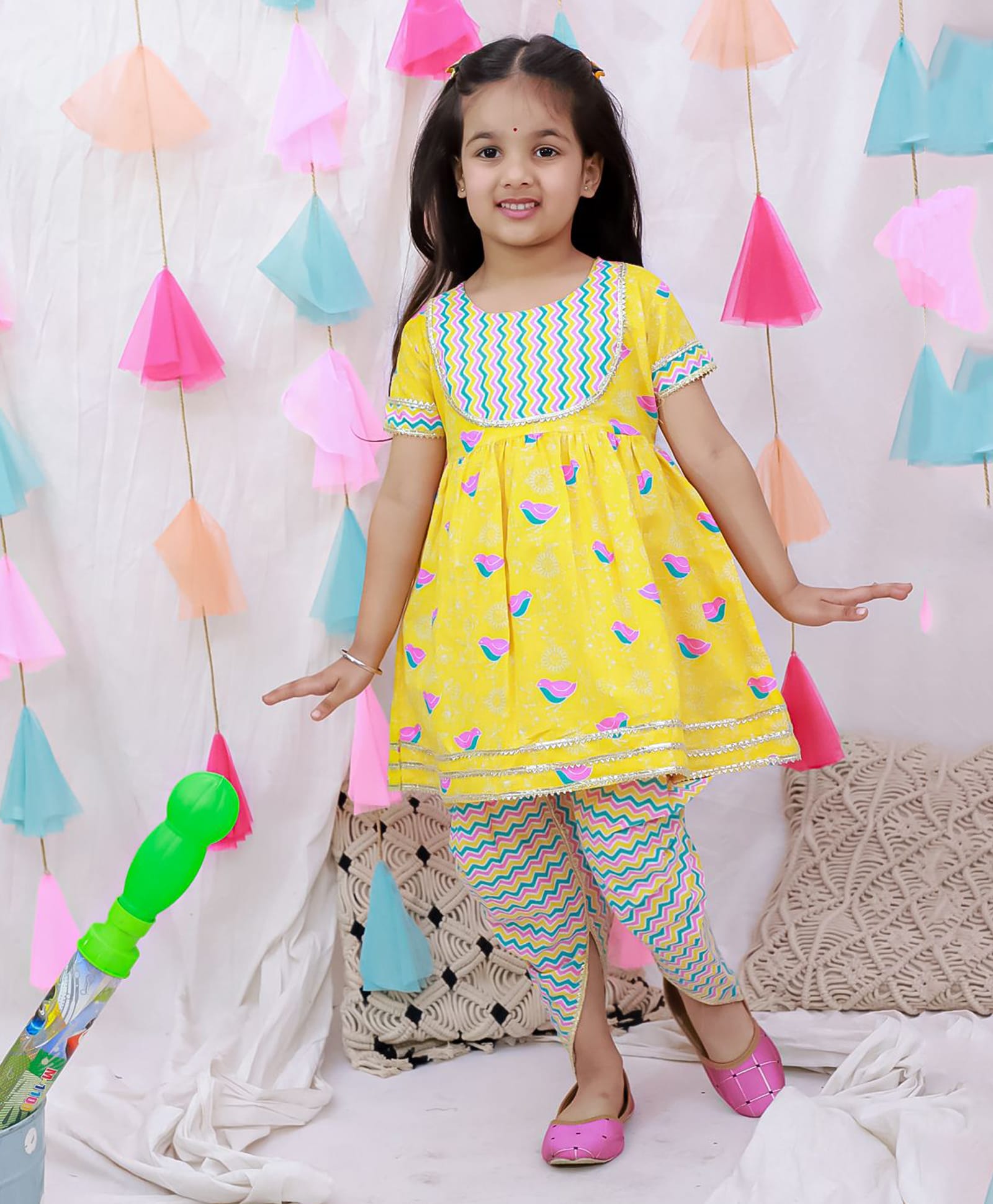 BownBee Cotton Woven Half Sleeves Floral & Bird Printed Kurti & Dhoti Set - Yellow-image-32