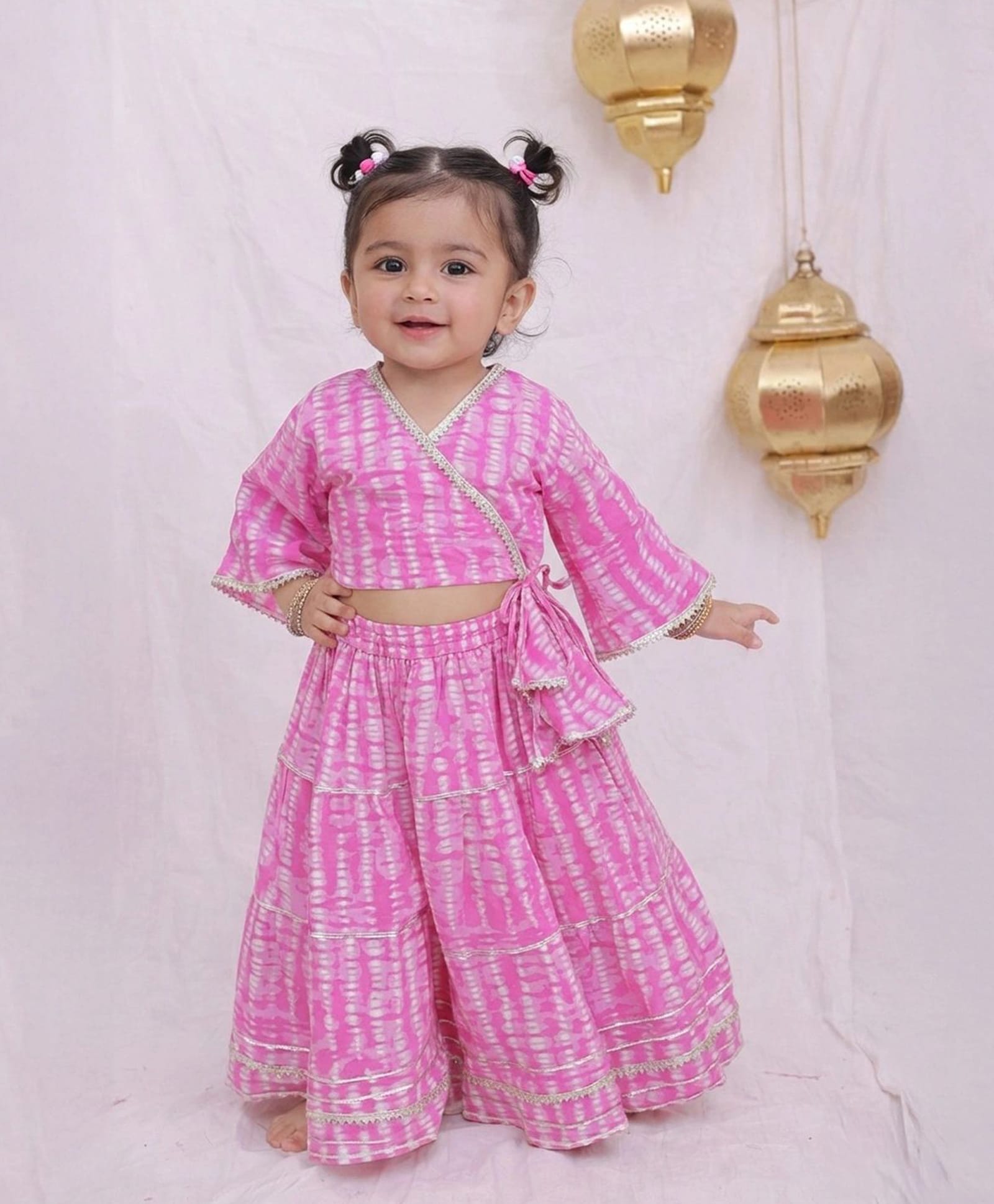BownBee Pure Cotton Woven Three Fourth Sleeves Abstract Printed Lehenga & Choli Set - Pink-picture-16