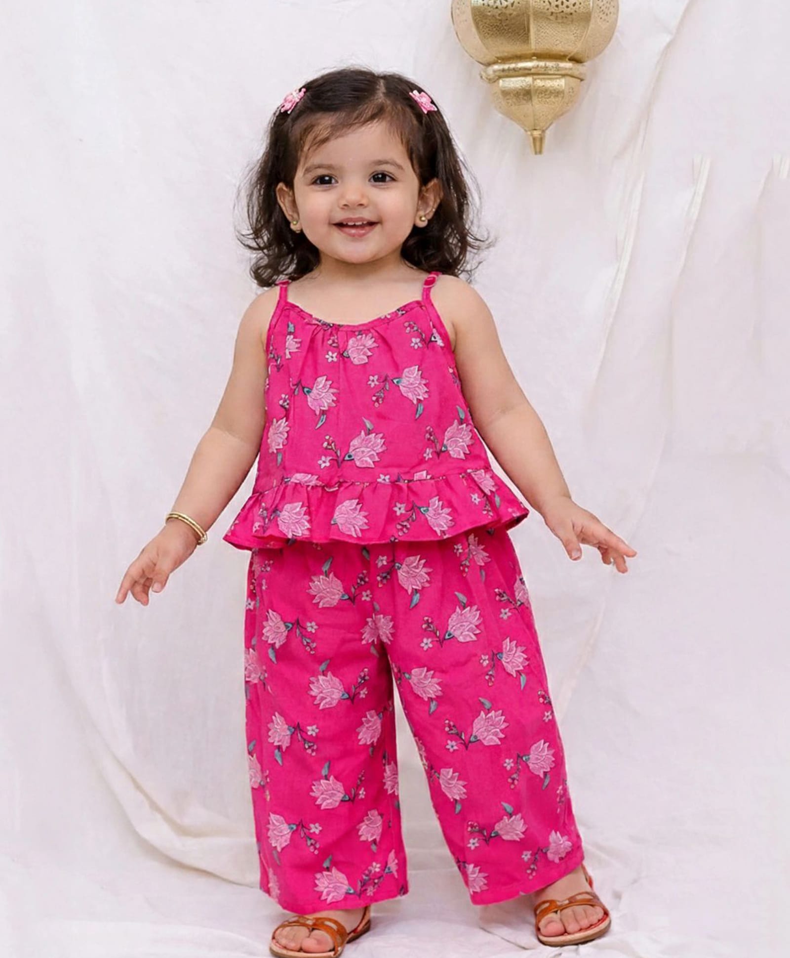 BownBee Pure Cotton Woven Sleeveless Floral Printed Top & Palazzo Set - Pink-picture-30