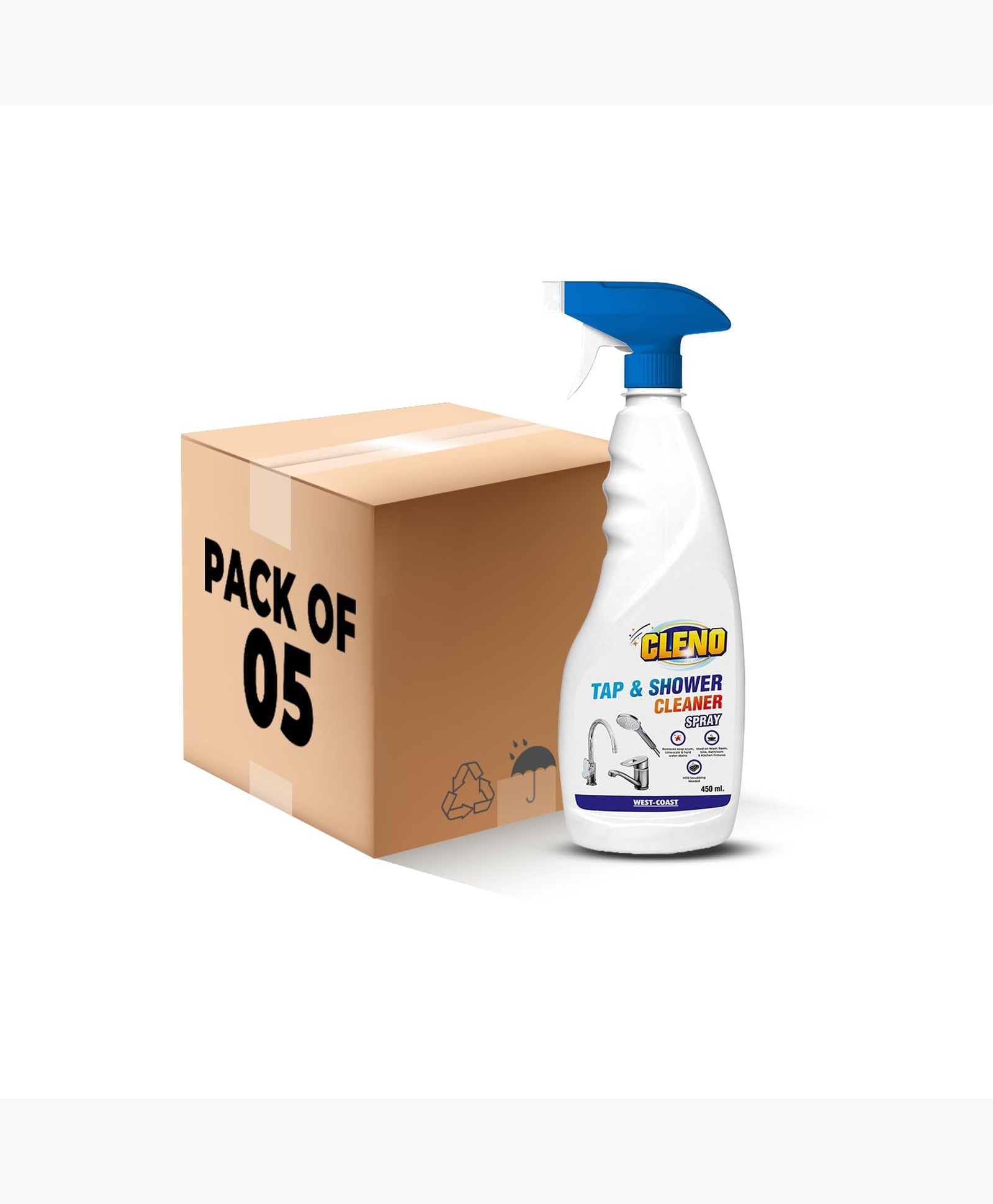 Cleno Tap & Shower Cleaner Spray to Clean Bathroom, Kitchen Tap, Shower, Faucet. Removes Limescale & Hard Water Spot, Soap Scum, Water Stains, Scaling - 450ml (Ready to Use) (Pack of 5)-image-1