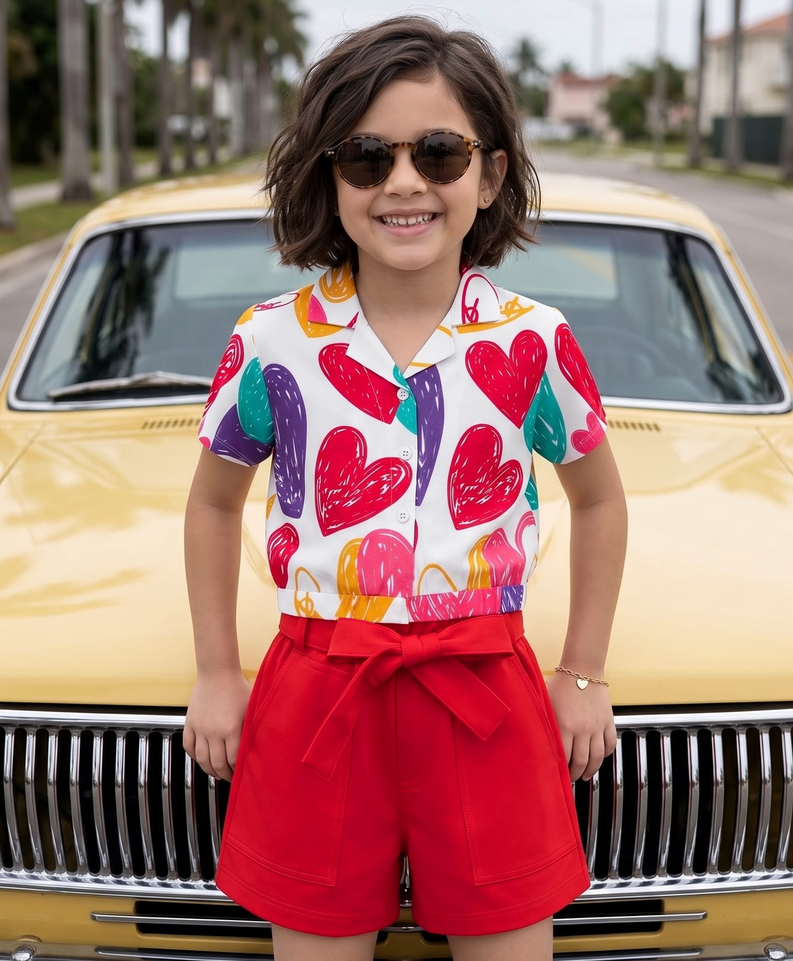 OLLINGTON ST. Cotton Knit Hearts Printed Half Sleeves Top & Shorts - Multicolour & Red-image-24