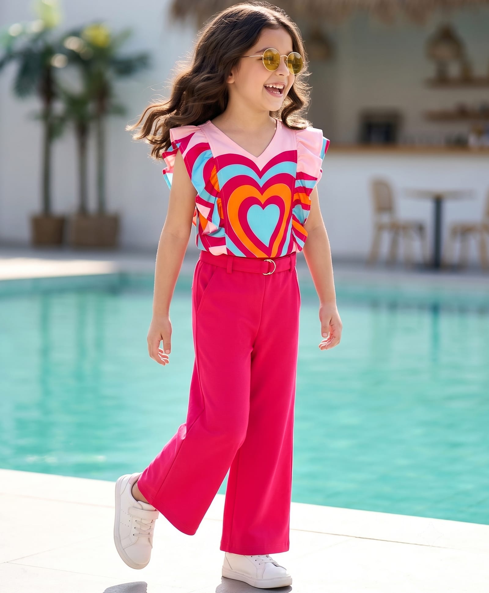 Ollington St. Cotton Sinker Knit Frill Half Sleeves Heart Printed Top & Culottes with Fabric Belt - Pink-image-11