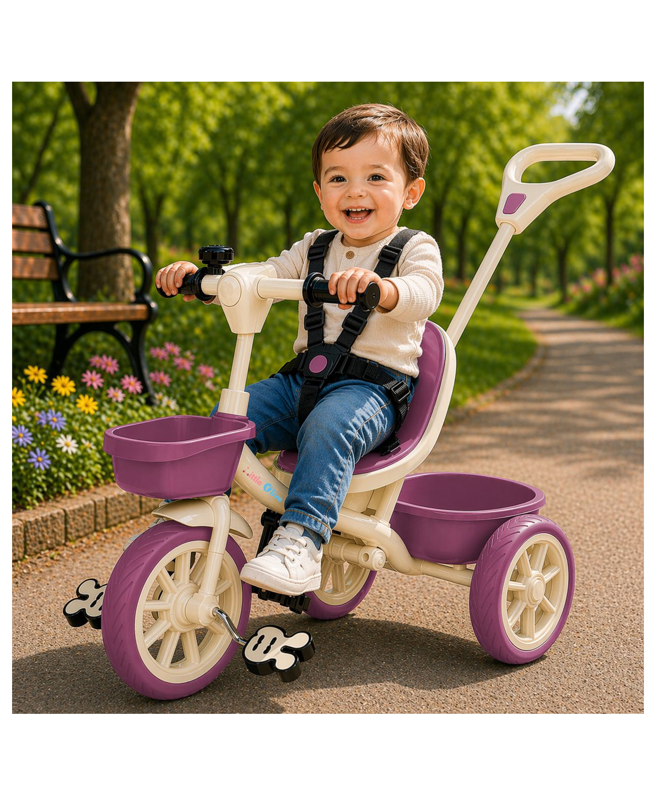 Little Olive Mini Moto Tricycle with Parent Push Handle, Safety Seat & Storage Basket - Pink-picture-10
