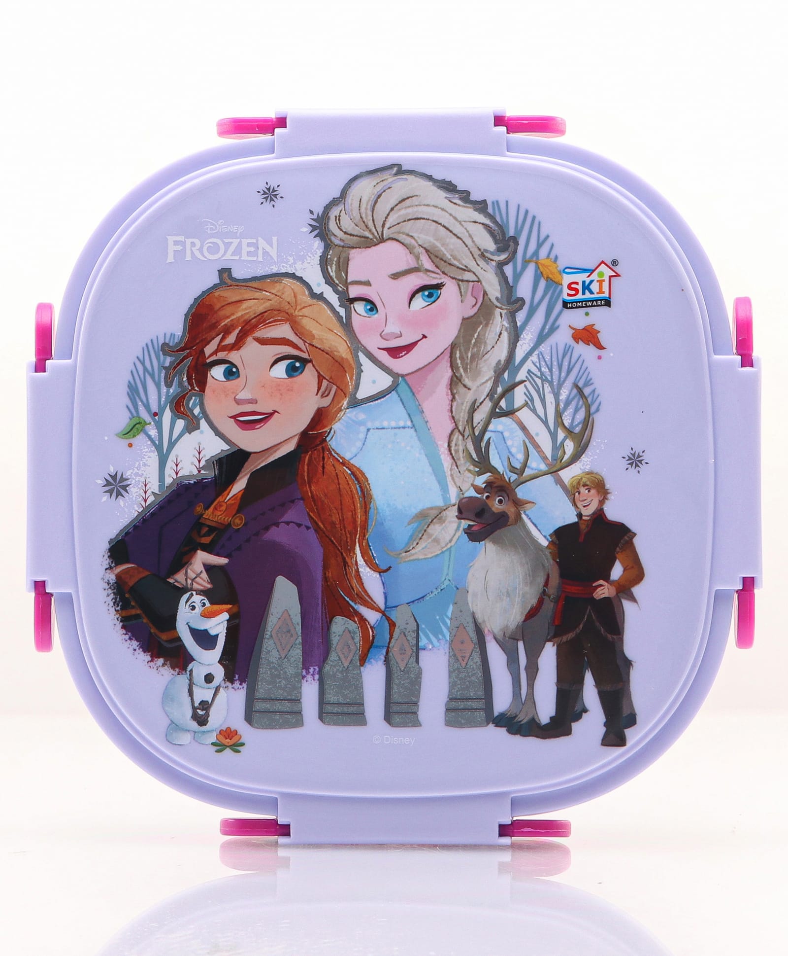 SKI Plastoware Insulated 3 Grid Bento Lunch Box with Stainless Steel Inner Leak-Proof BPA-Free with Steel Spoon With Disney Frozen Print-Purple & Pink-image-23