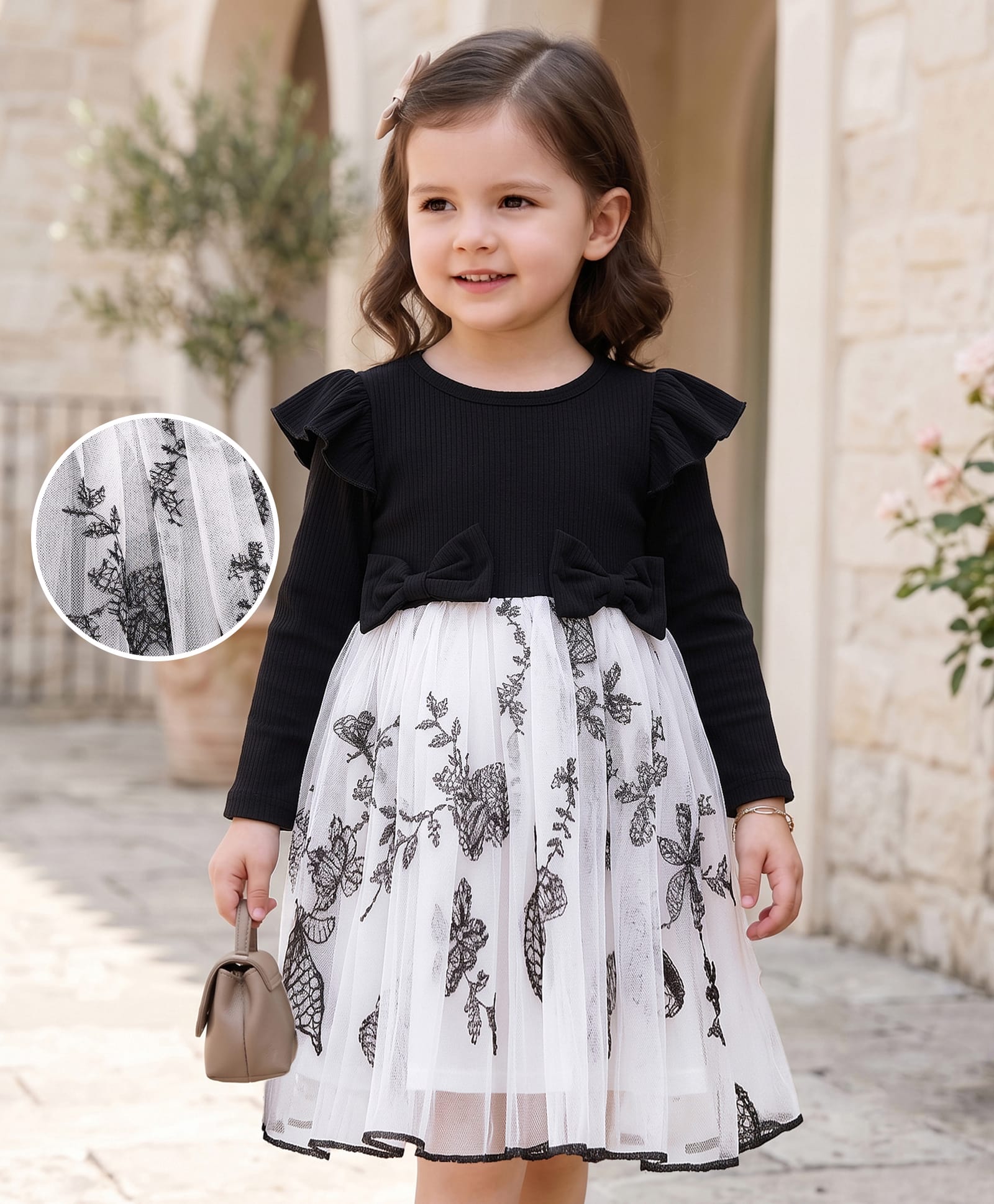 Mark & Mia Full Sleeves Butterfly Printed Party Dress With Bow Applique - Black-image-43