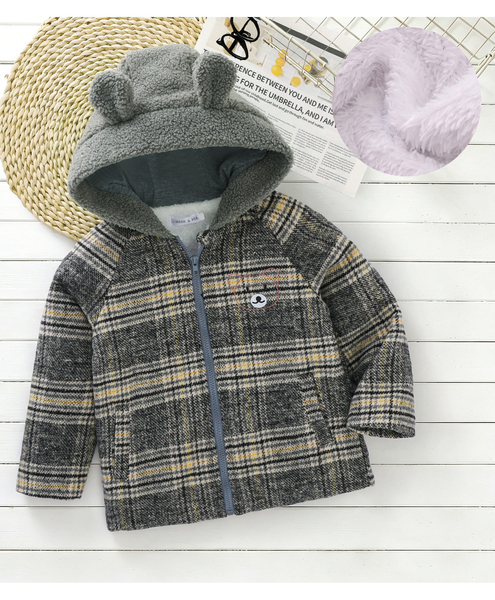 Mark & Mia Full Raglan Sleeves Hooded Checkered Jacket with Bear Design - Grey-picture-28
