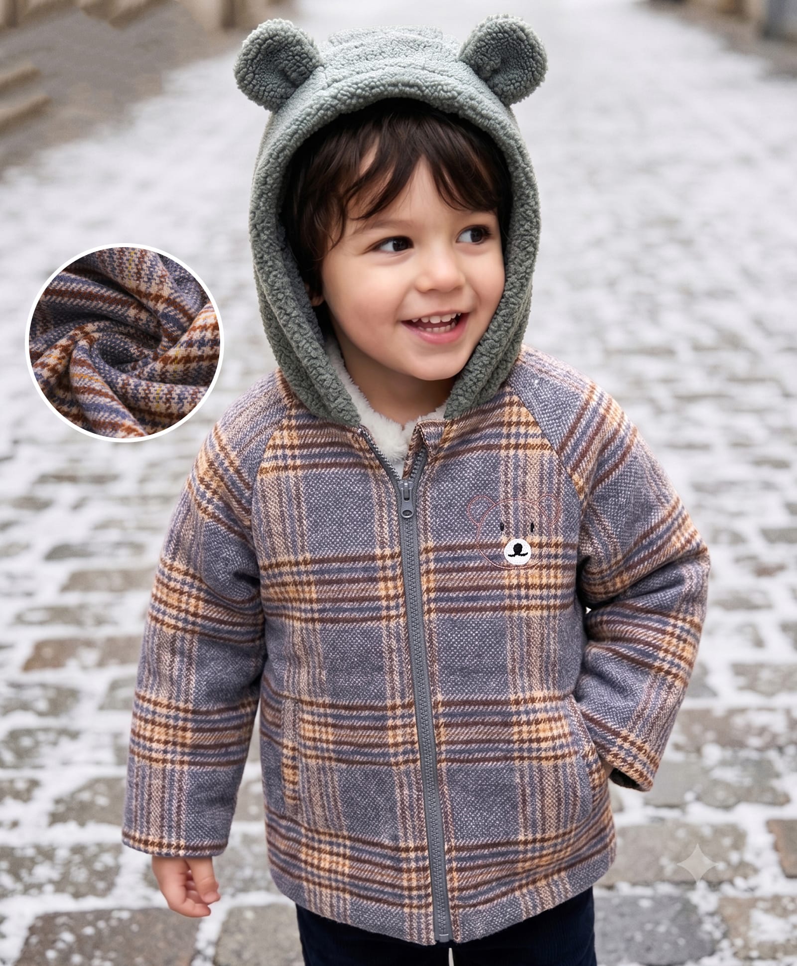 Mark & Mia Full Raglan Sleeves Checkered Hoodies With Bear Print & Applique - Grey-image-1