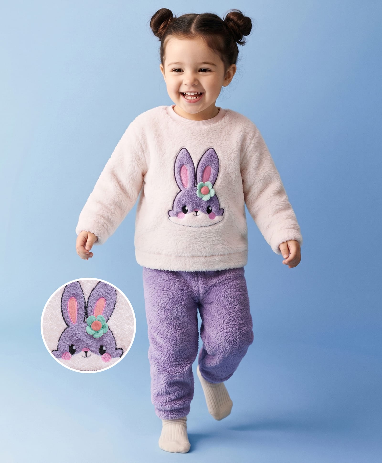 Mark & Mia Full Sleeves Bunny Embroidered T-Shirt & Pyjama Winter Wear Night Suit - Lilac-image-4