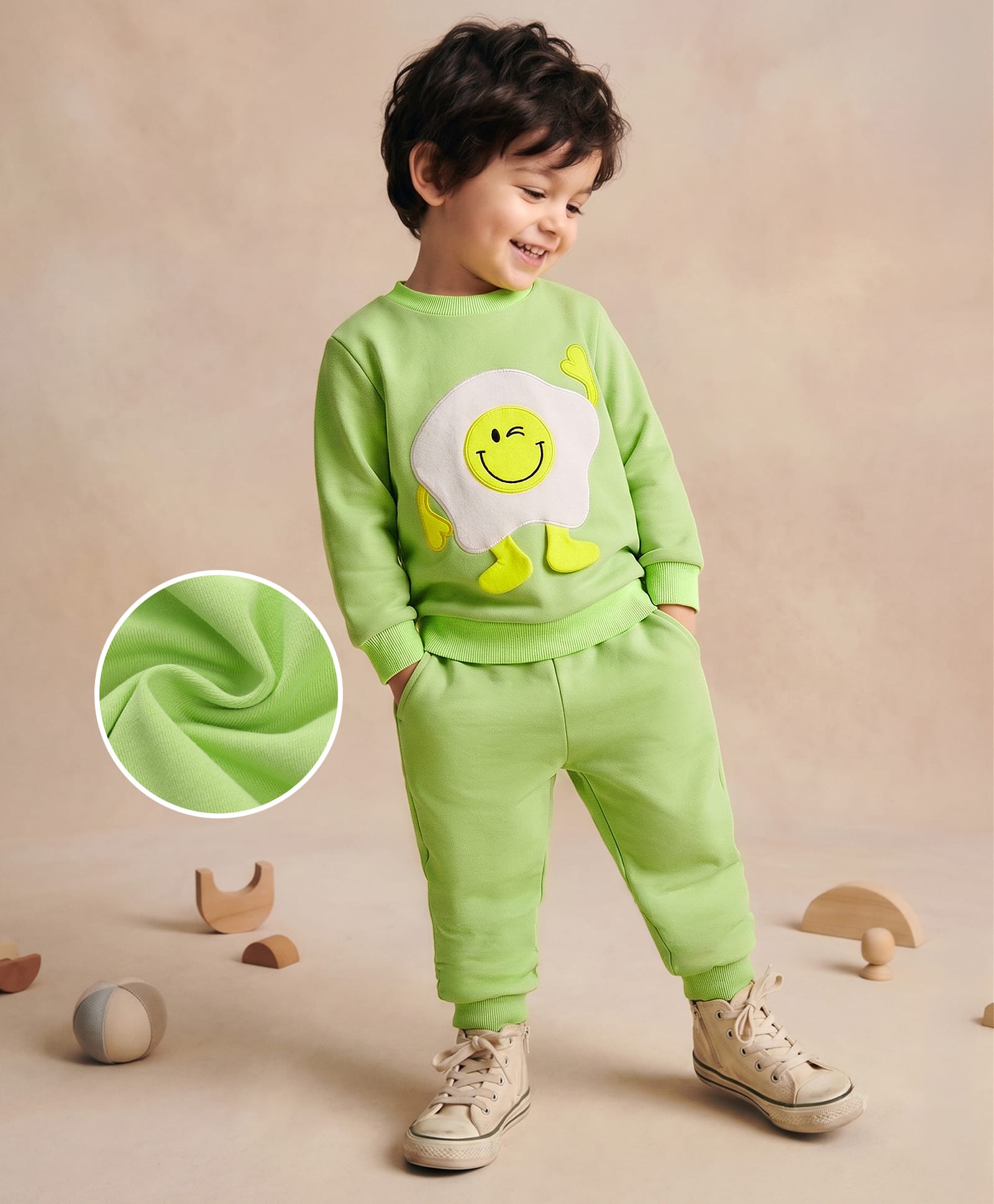 Mark & Mia Cotton Full Sleeves Winter Wear T-Shirt & Lounge Pant Set with Happy Face Applique - Light Green-picture-28