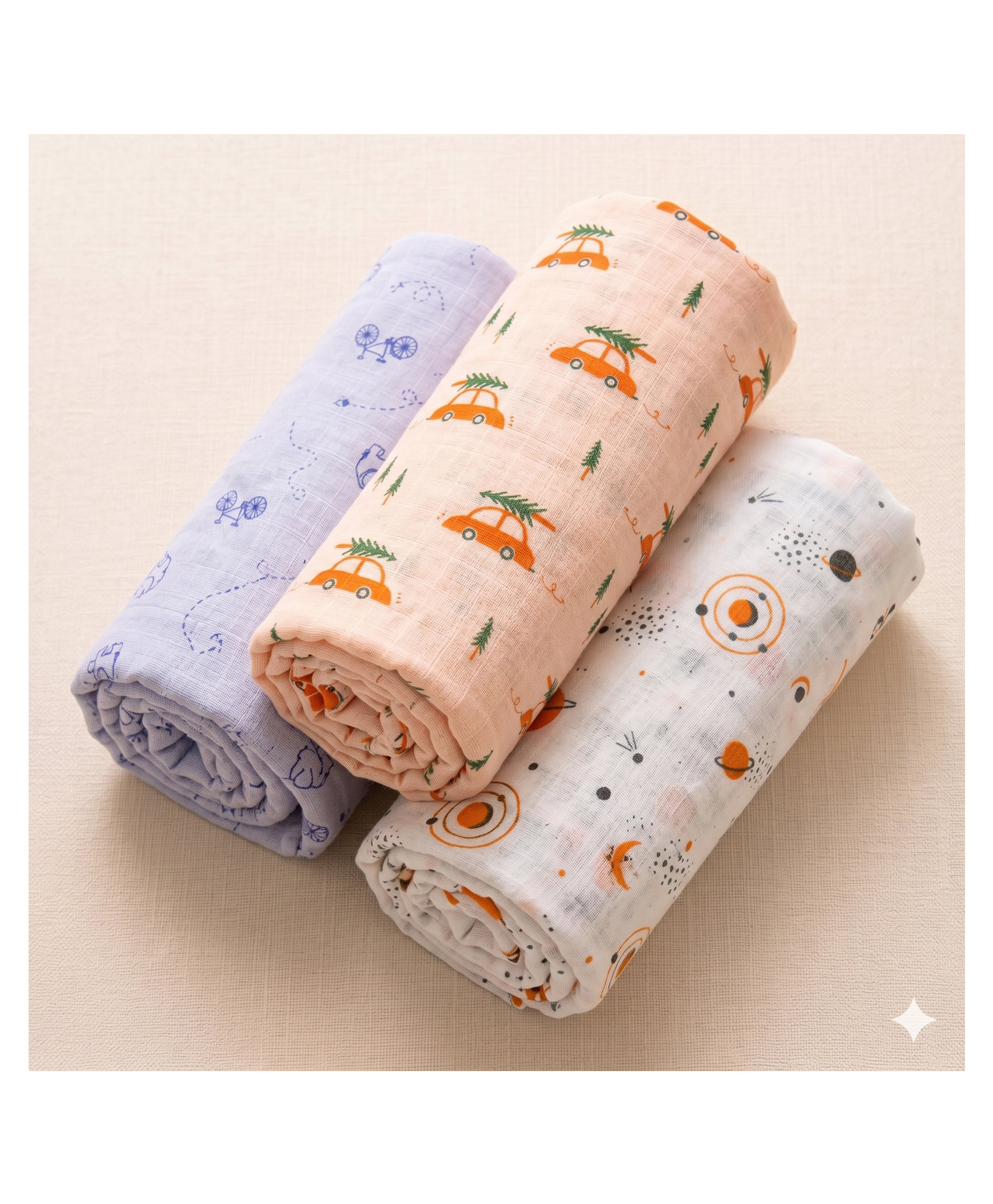 NEW COMERS Cotton Muslin Baby Swaddle Set, Multicolor Printed Muslin Swaddle Wrap for New Born Baby pack of 3-Peach-white-Grey-image-33