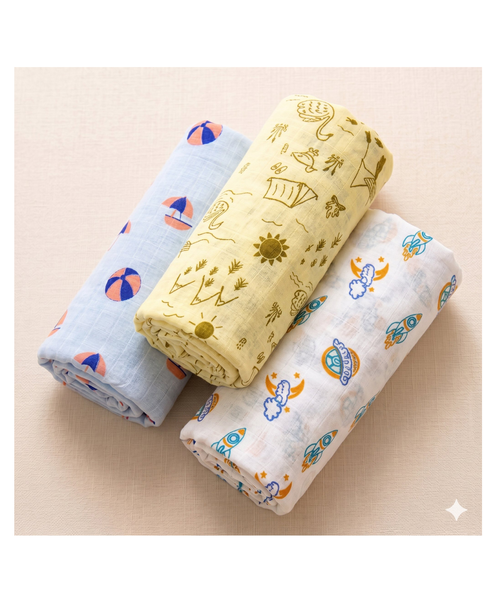 NEW COMERS Cotton Muslin Multipurpose Swaddle Wraps Pack of 3 Rocket Print- Multicolour-image-31
