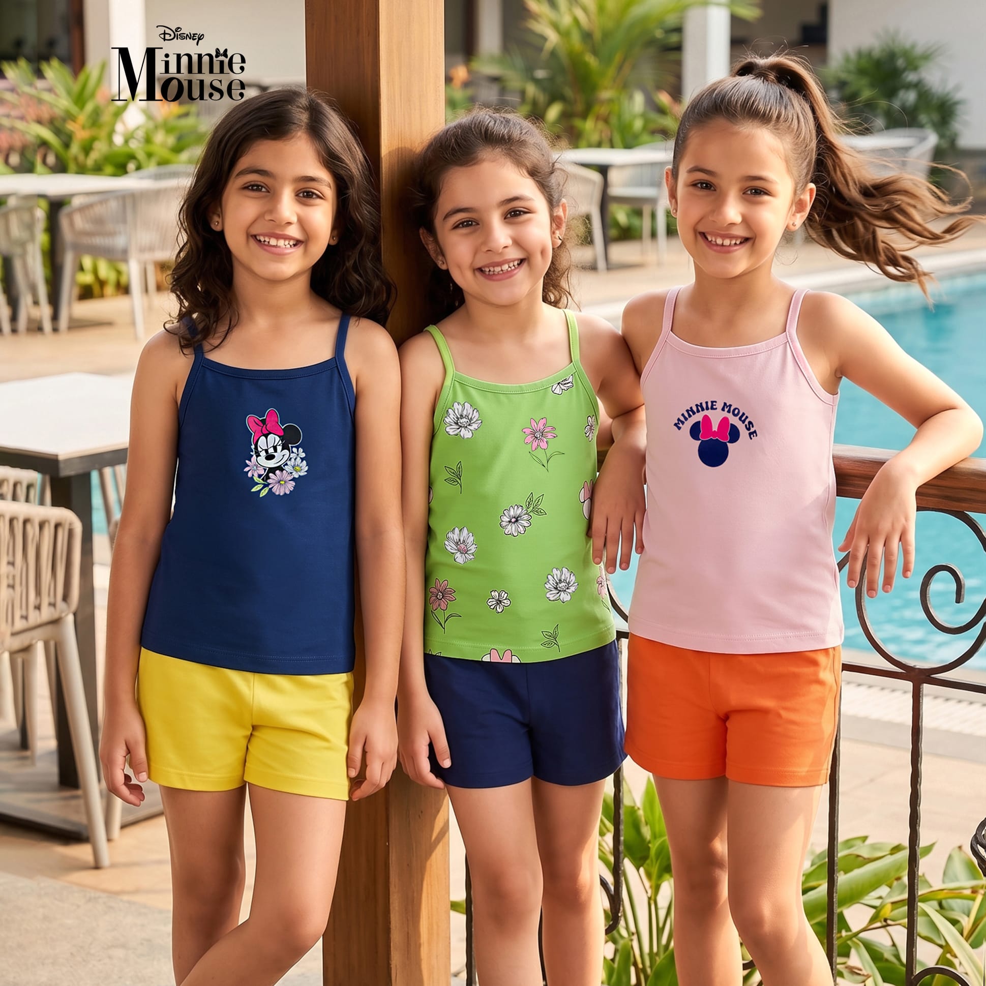 Pine Kids Disney Single Jersey Knit Sleeveless Slips with Minnie Mouse Print Pack of 3- Blue Pink & Green-image-30