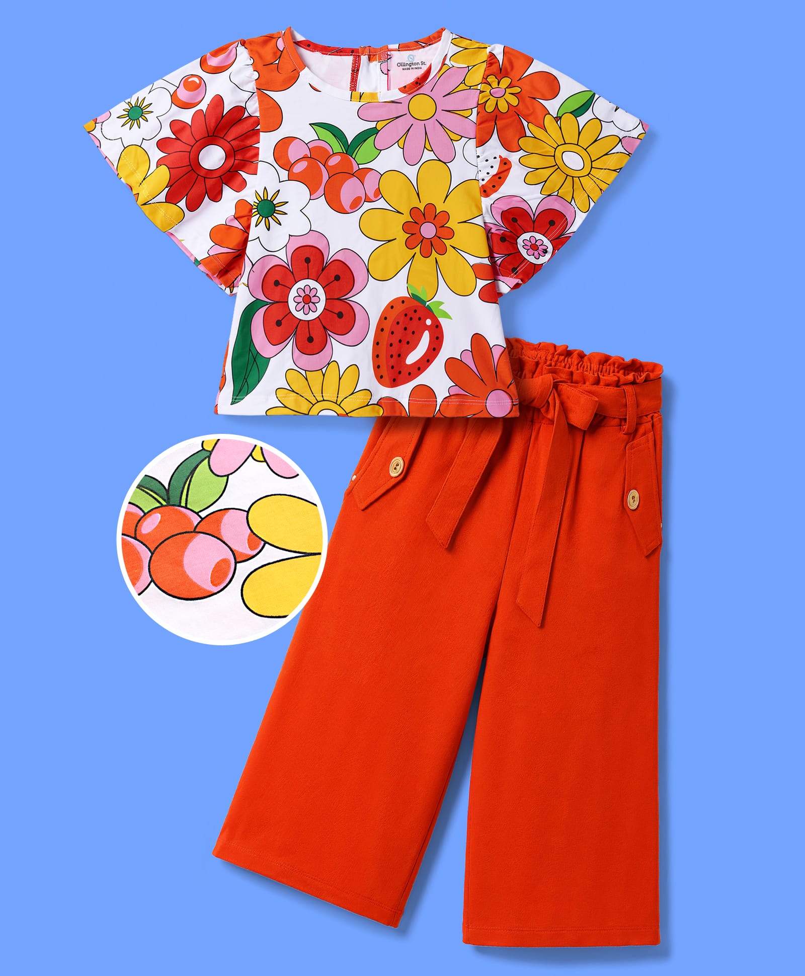 OLLINGTON ST. Sinker Knit Half Sleeves Top & Culottes Set With Floral Print - Rust Orange-image-30