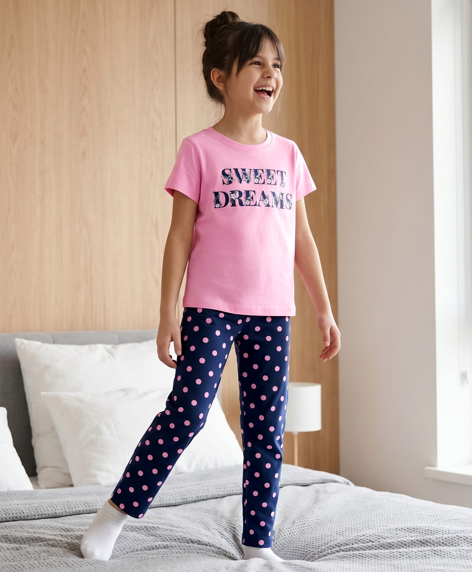 Pine Kids Cotton Knit Half Sleeves Text Printed T-Shirt & Pajama Night Suit - Pink & Navy-picture-40