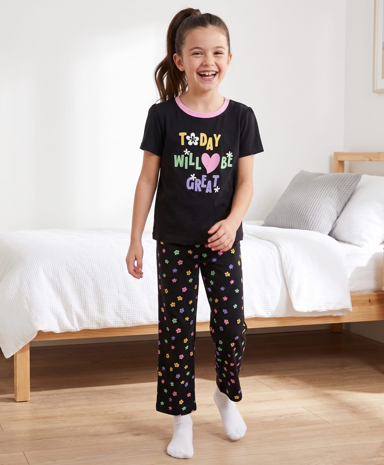 Pine Kids Cotton Knit Half Sleeves Text Printed T-Shirt & Pajama Night Suit - Black-image-41