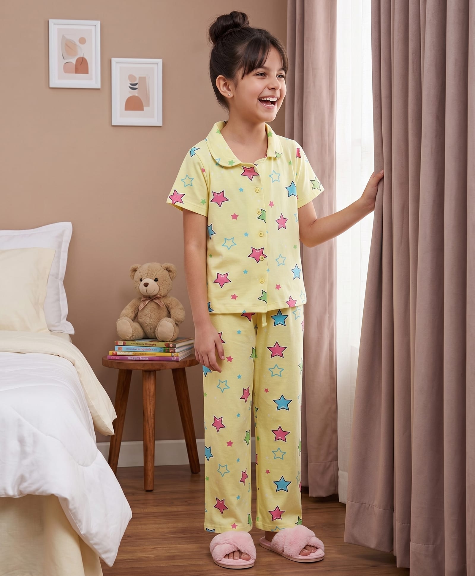 Pine Kids Cotton Knit Half Sleeves Shirt & Pyjama Co Ords Night Suit Star Print - Yellow-image-24
