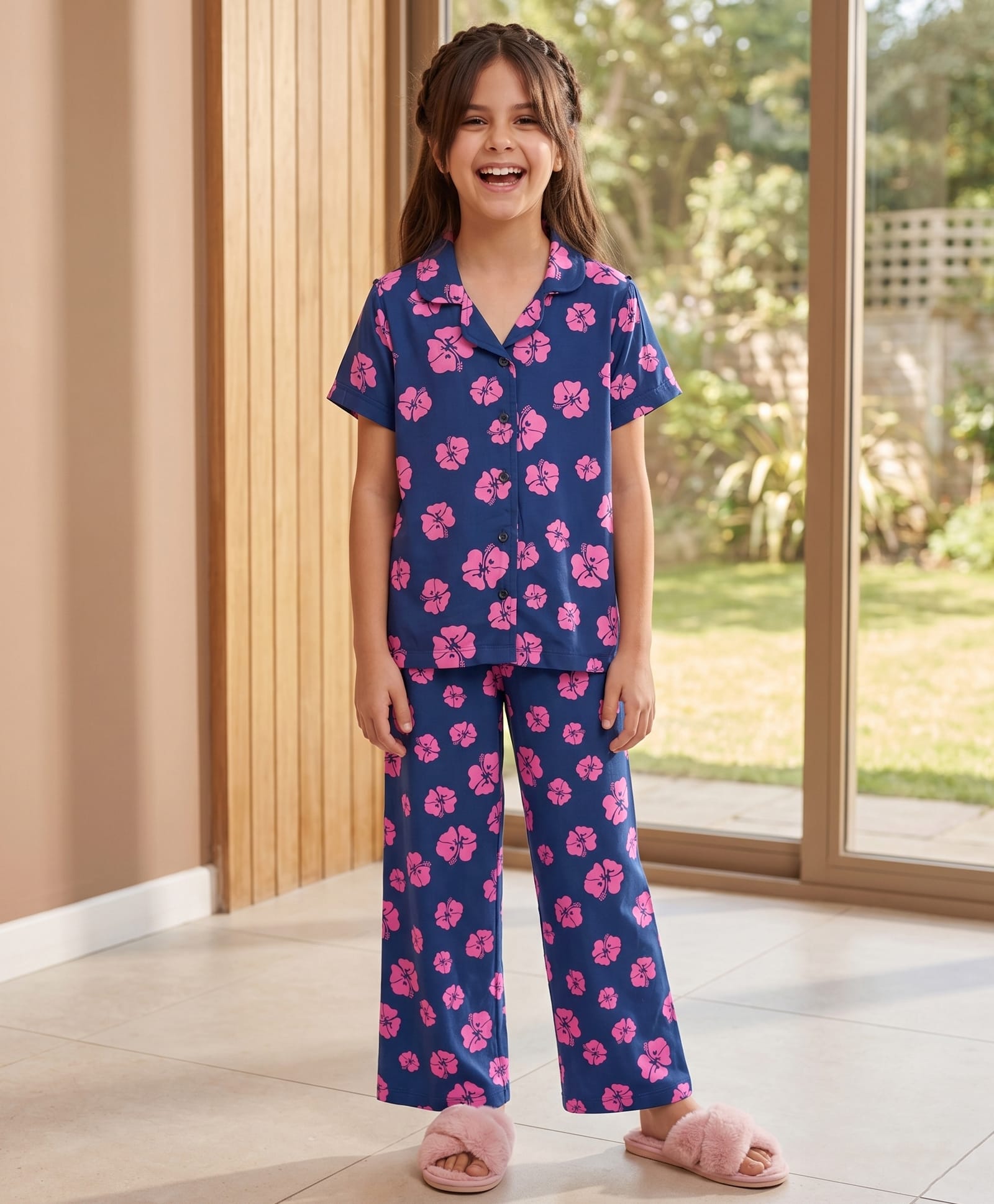 Pine Kids Cotton Knit Half Sleeves Co-Ords Shirt & Pajama Night Suit with Floral Print - Navy-image-23