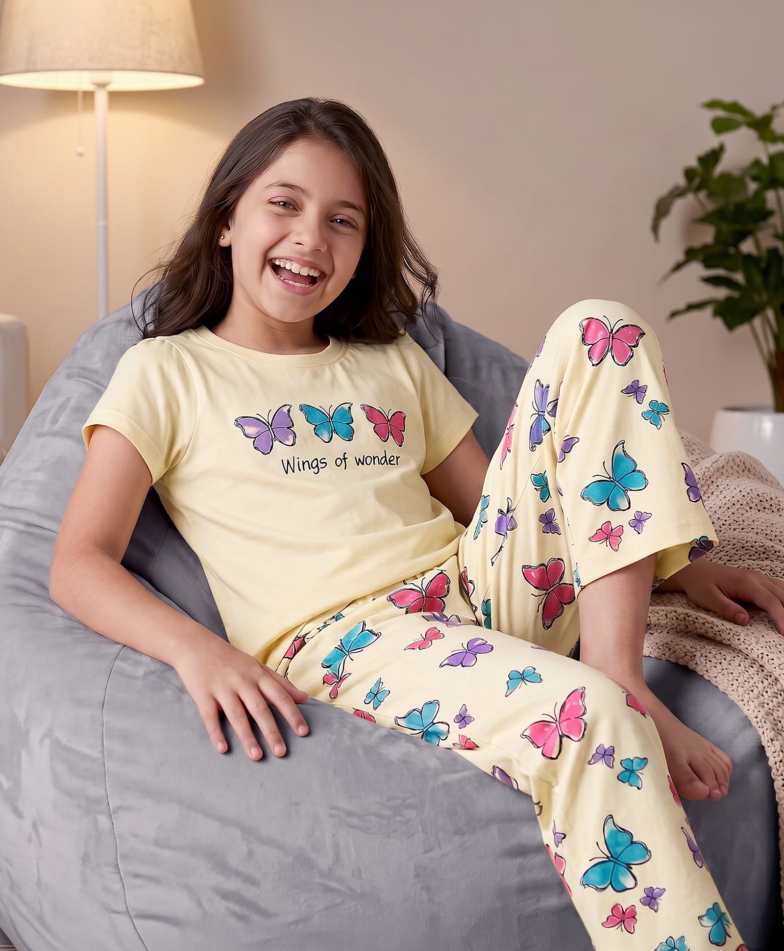 Pine Kids Cotton Knit Half Sleeves Butterfly Printed T-Shirt & Pajama Night Suit - Yellow-image-8