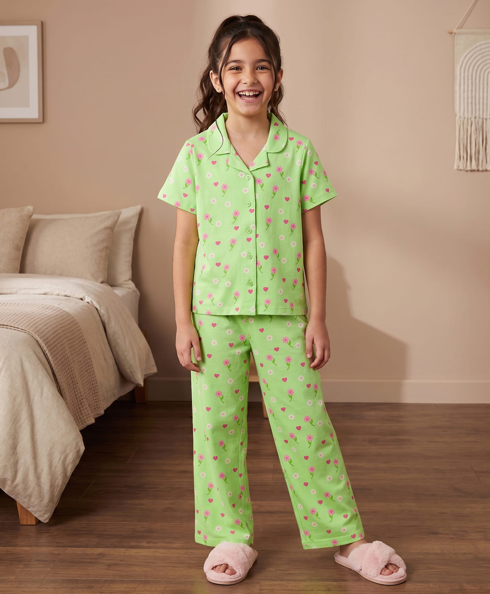 Pine Kids Cotton Knit Half Sleeves Co-ord Shirt & Pyjama Night Suit with Floral Print - Light Green-image-37