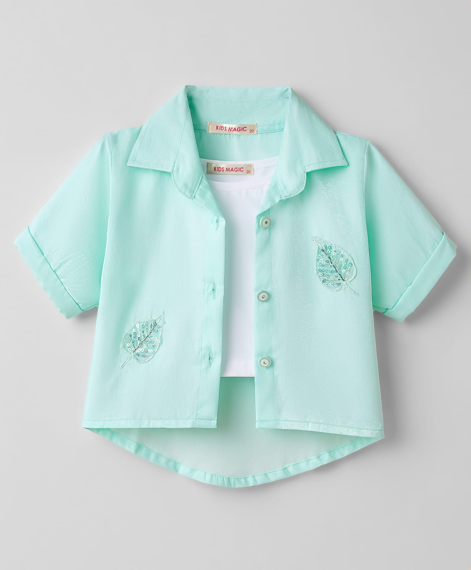 Kids Magic Cotton Knit Half Sleeves Top & Inner With Leaf Embroidery & Sequin Detailing - Turquiose-picture-25