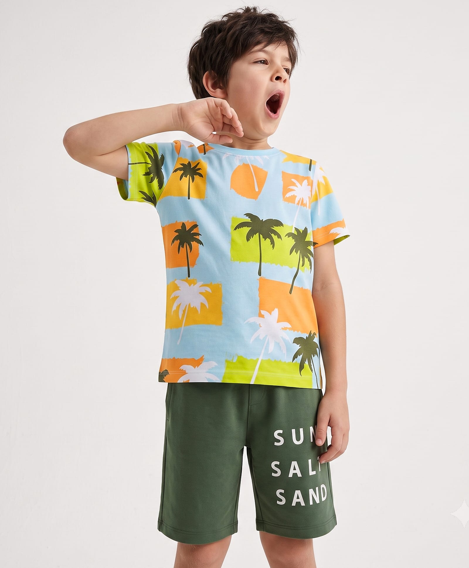 Pine Kids Cotton Knit Half Sleeves T-Shirt & Shorts Night Suit With Tropical & Text Print - Green-image-24