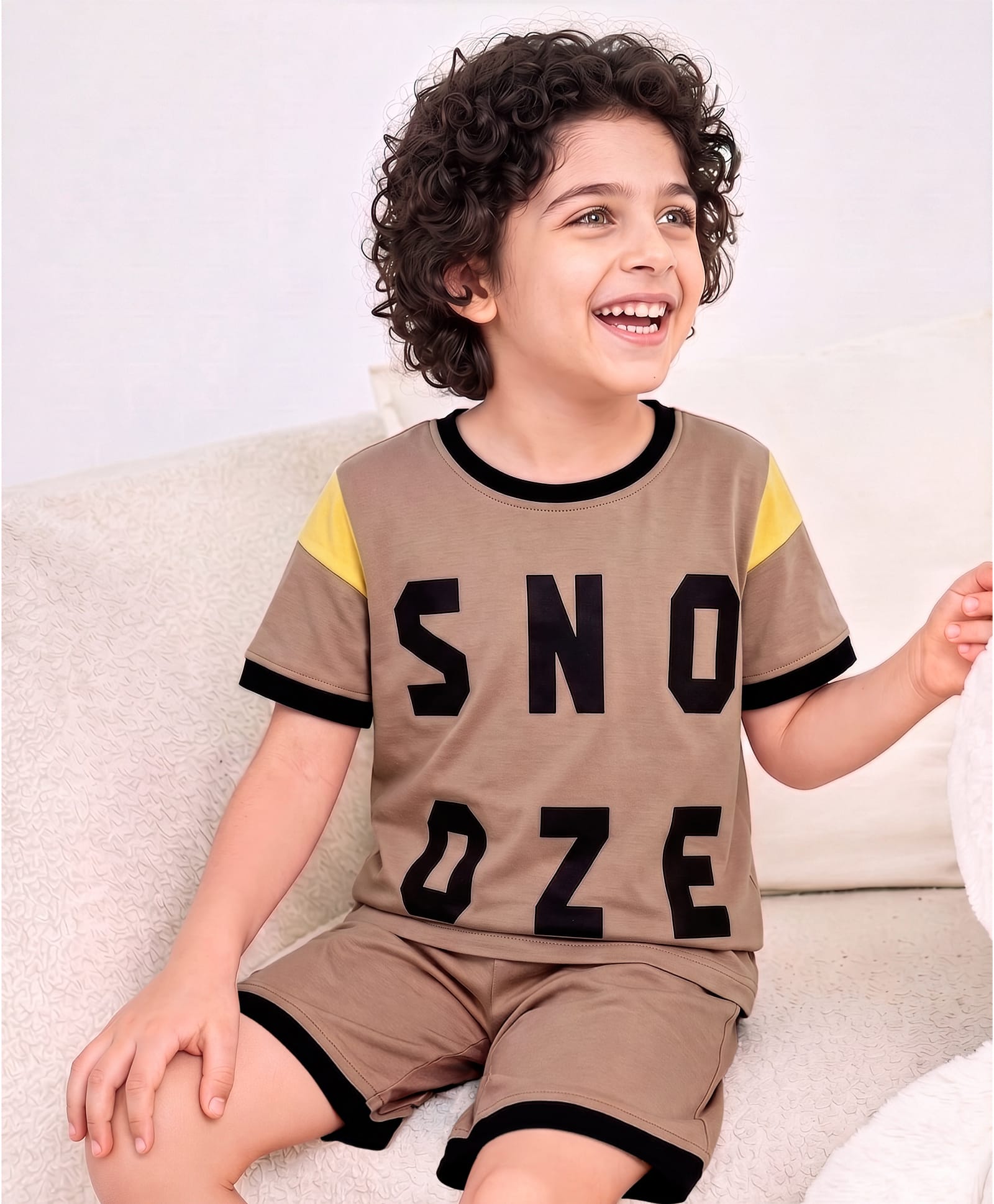 Pine Kids Cotton Knit Half Sleeves T-Shirt & Shorts Night Suit With Text Print - Brown-image-25