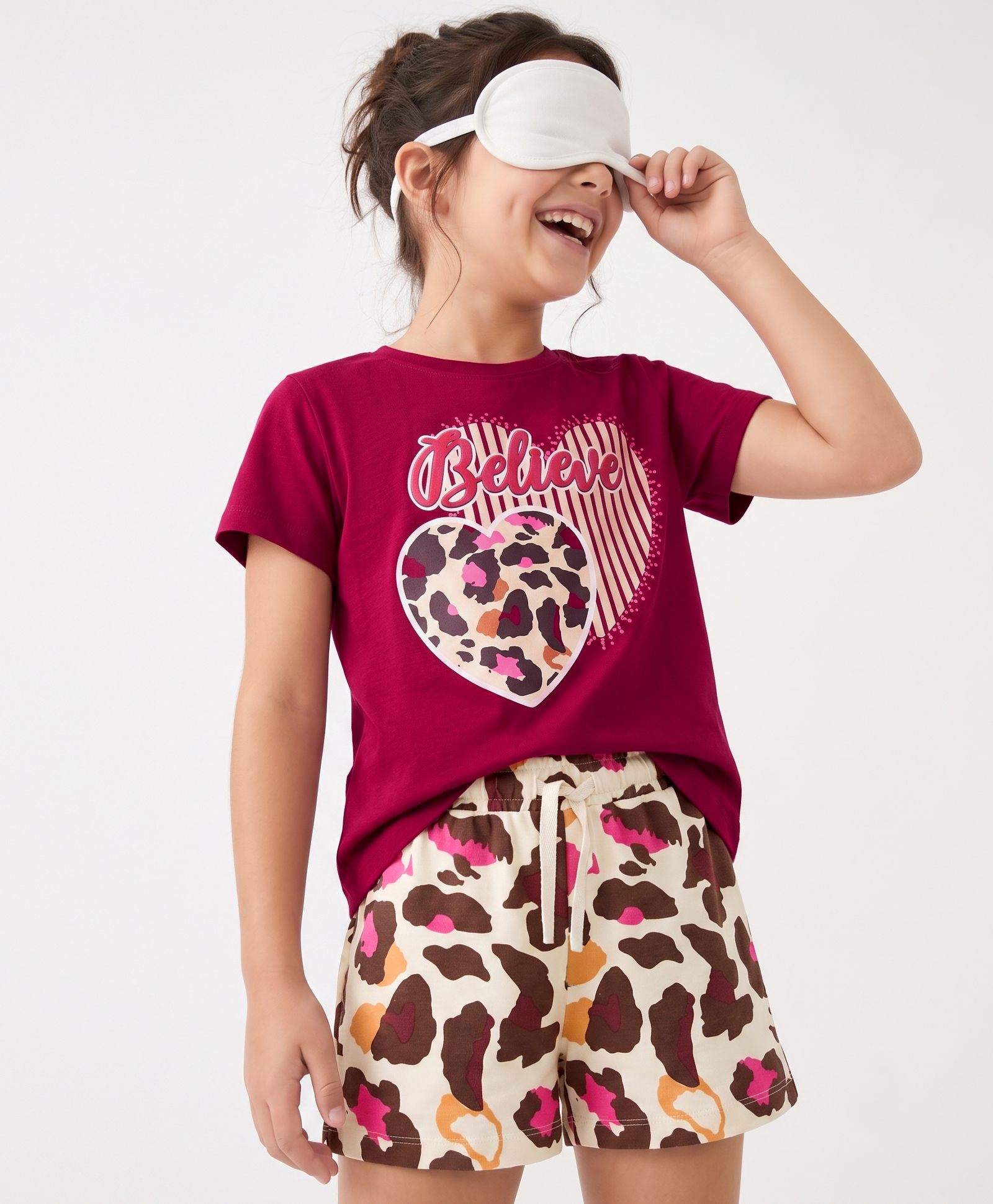 Pine Kids Cotton Knit Half Sleeves T-Shirt & Shorts Night Suit with Heart & Believe Print - Wine-image-43