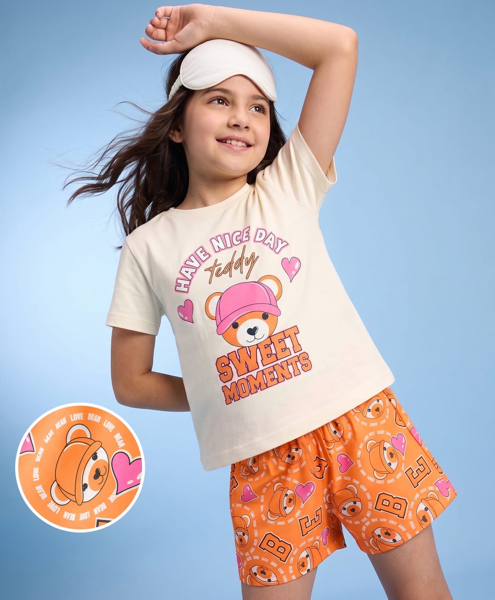Pine Kids Cotton Knit Half Sleeves Bear Printed T-Shirt & Shorts Night Suit - Cream-image-26