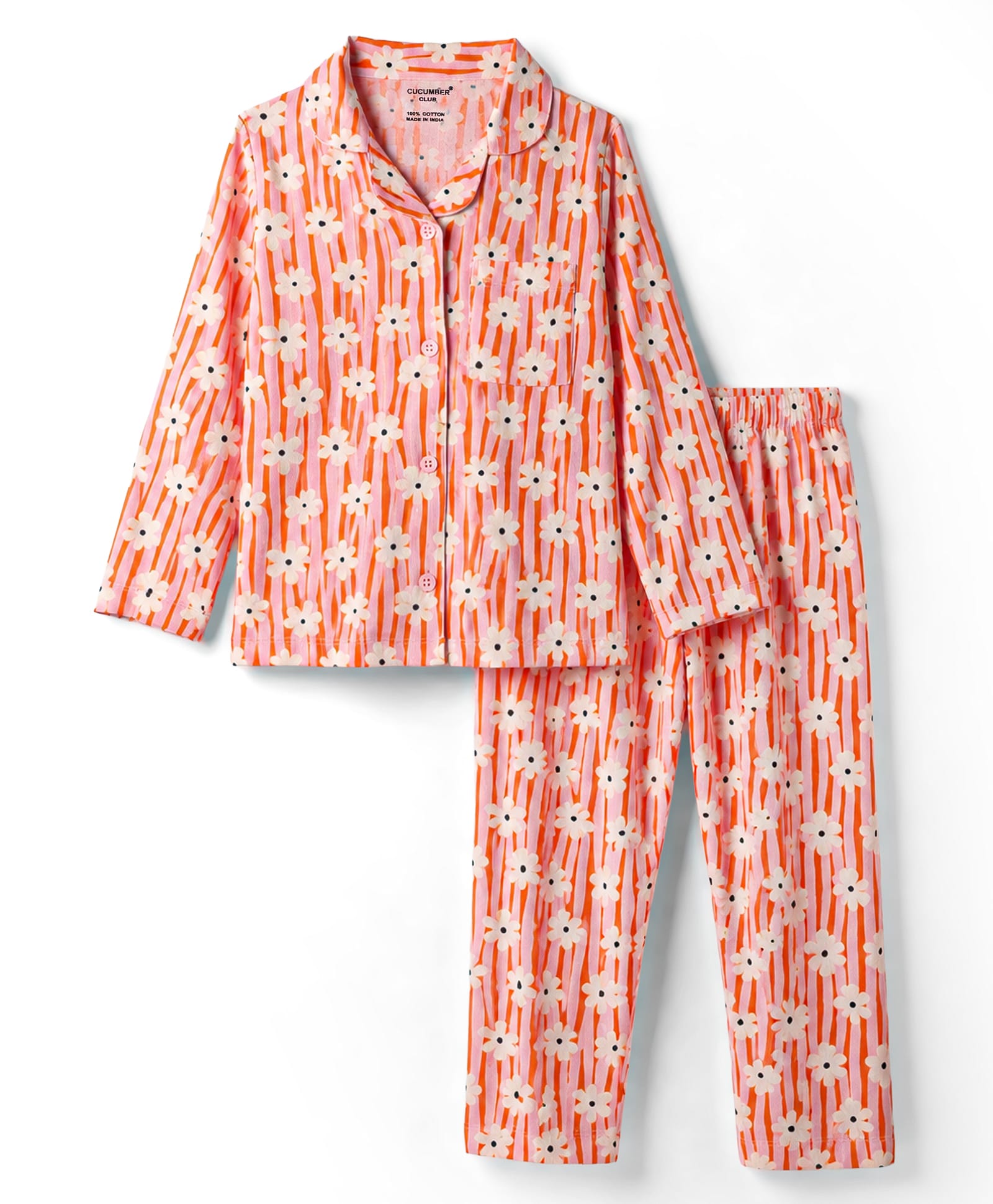 CUCUMBER Sinker Knit Full Sleeves Shirt & Pyjama Night Suit With Floral Print - Peach-image-23