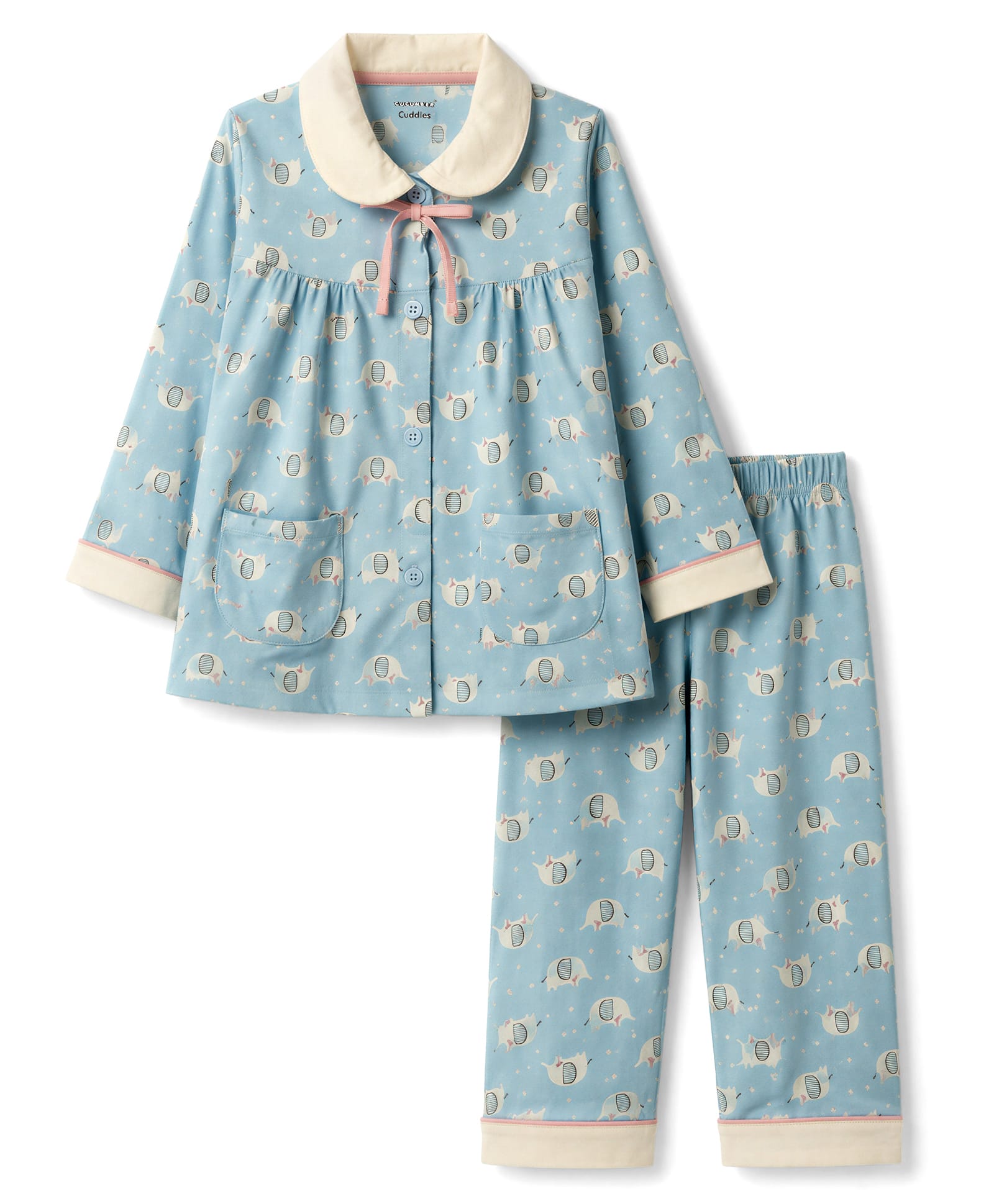 CUCUMBER Sinker Knit Full Sleeves Shirt & Pyjama Night Suit Elephant Print With Bow Applique - Light Blue-picture-8
