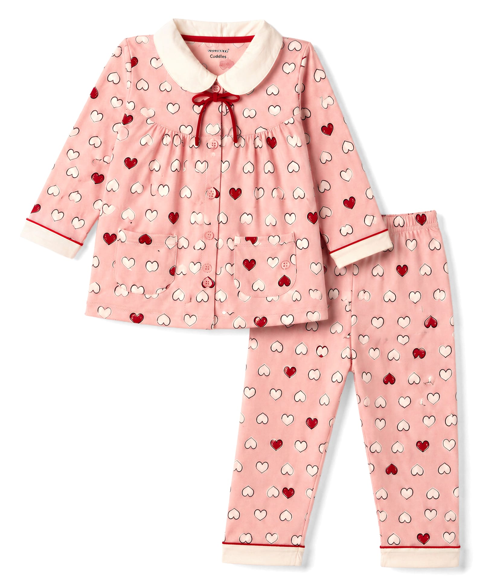 CUCUMBER Sinker Knit Full Sleeves Shirt & Pyjama Night Suit Heart Print With Bow Applique - Peach-image-25