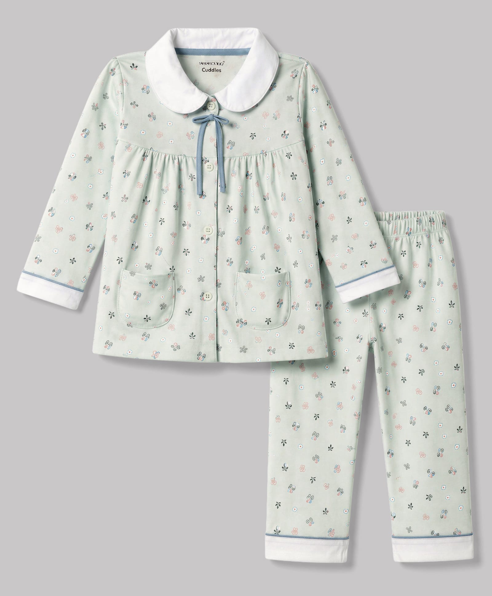 CUCUMBER Sinker Knit Full Sleeves Shirt & Pyjama Night Suit Floral Print With Bow Applique - Light Green-image-47