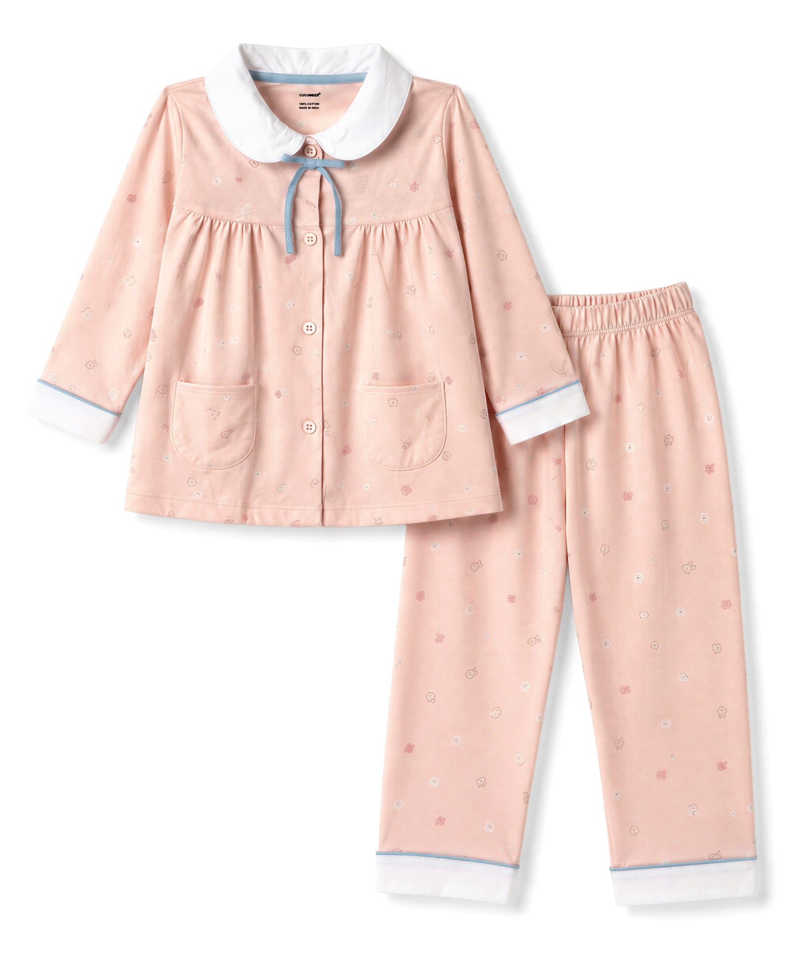 CUCUMBER Sinker Knit Full Sleeves Shirt & Pyjama Night Suit Floral Print With Bow Applique - Baby Pink-image-48