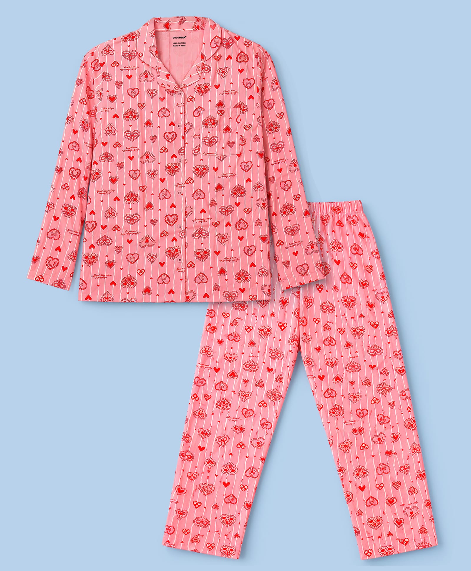 CUCUMBER Sinker Knit Full Sleeves Shirt & Pyjama Striped Co-Ord Night Suit With Heart Print - Pink-image-18