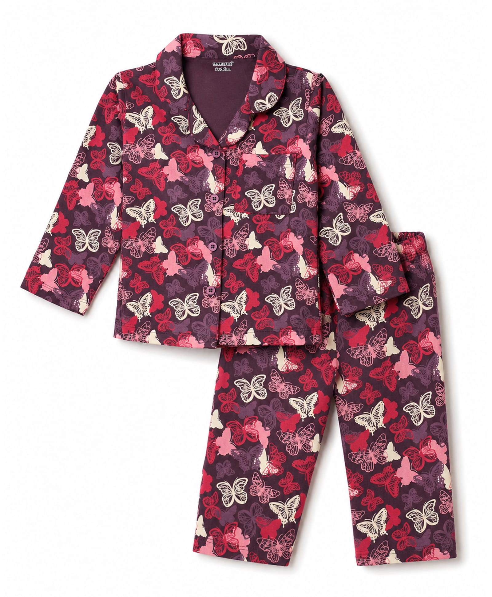 CUCUMBER Sinker Knit Full Sleeves Co-Ords Butterfly Printed Shirt & Pajama Night Suit - Purple-picture-48