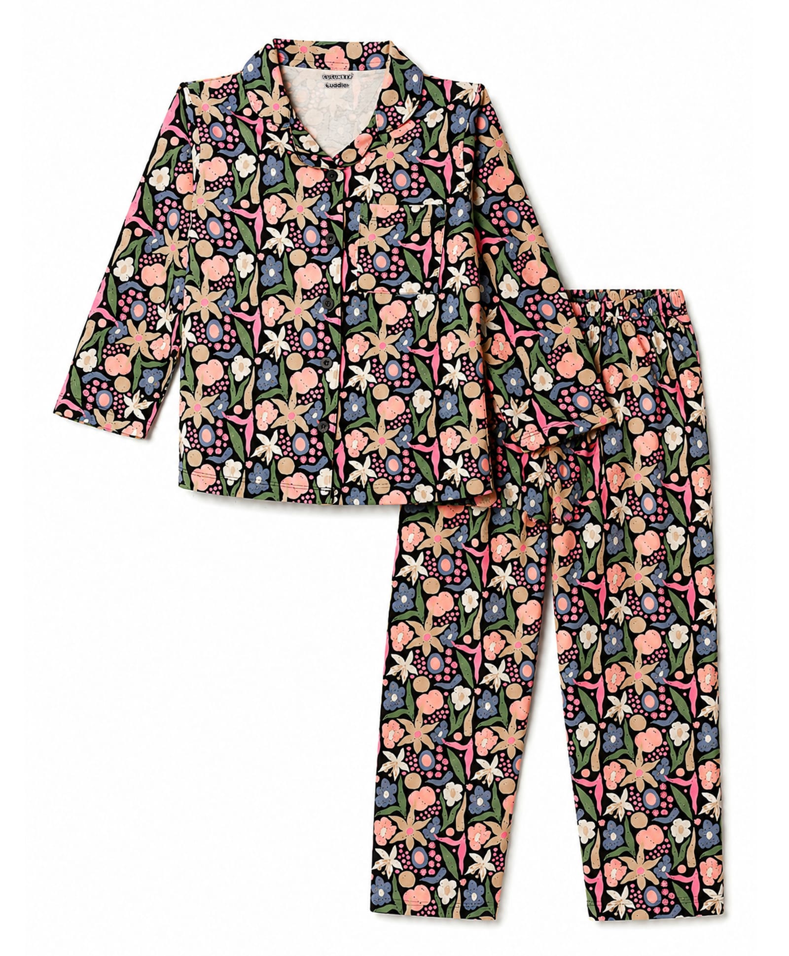 CUCUMBER Sinker Knit Full Sleeves Co-Ords Floral Printed Shirt & Pajama Night Suit - Black-image-43