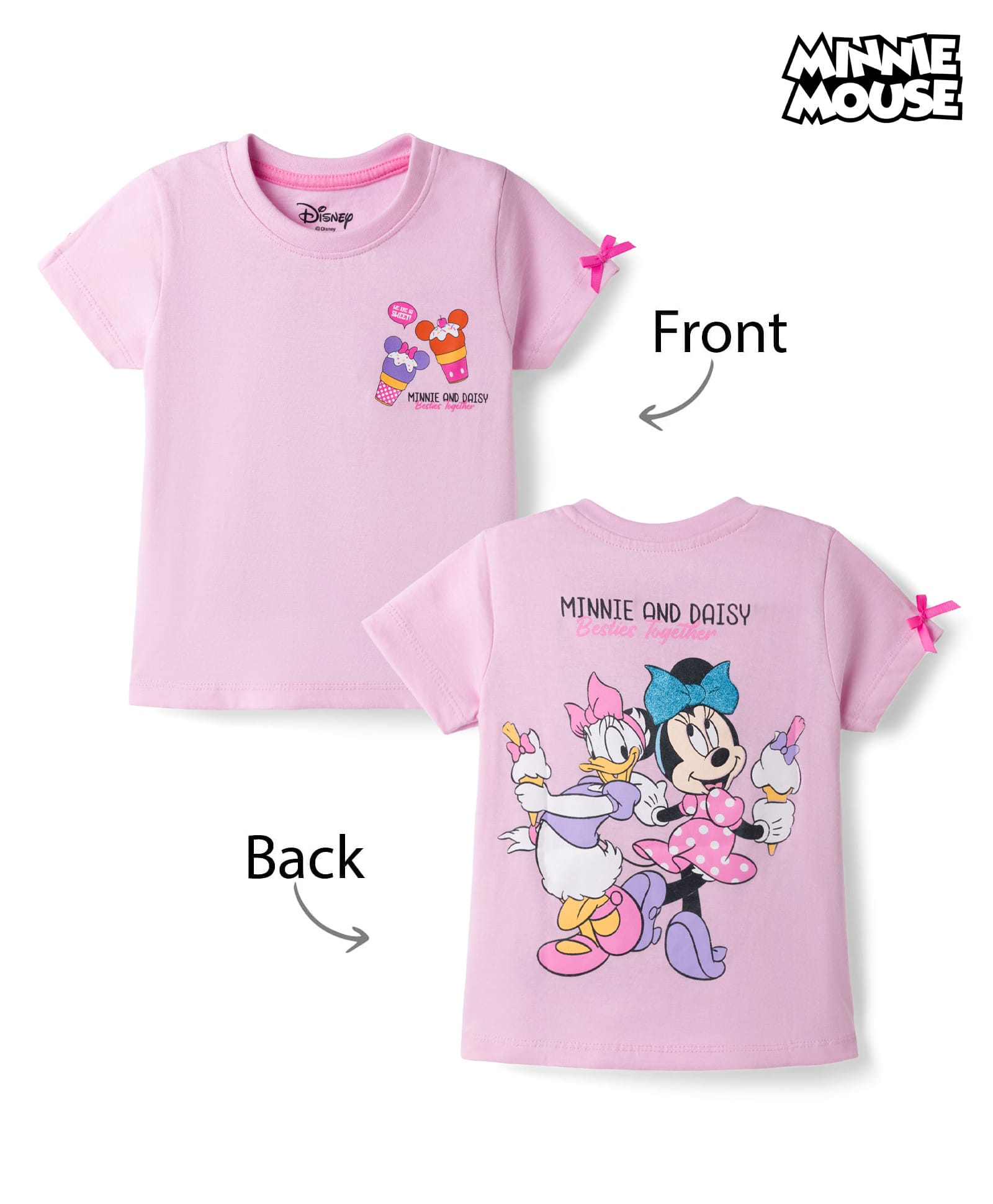 Babyhug Disney Single Jersey Knit T-Shirt with Half Sleeves & Minnie and Daisy Besties Together Print in Pink-image-24