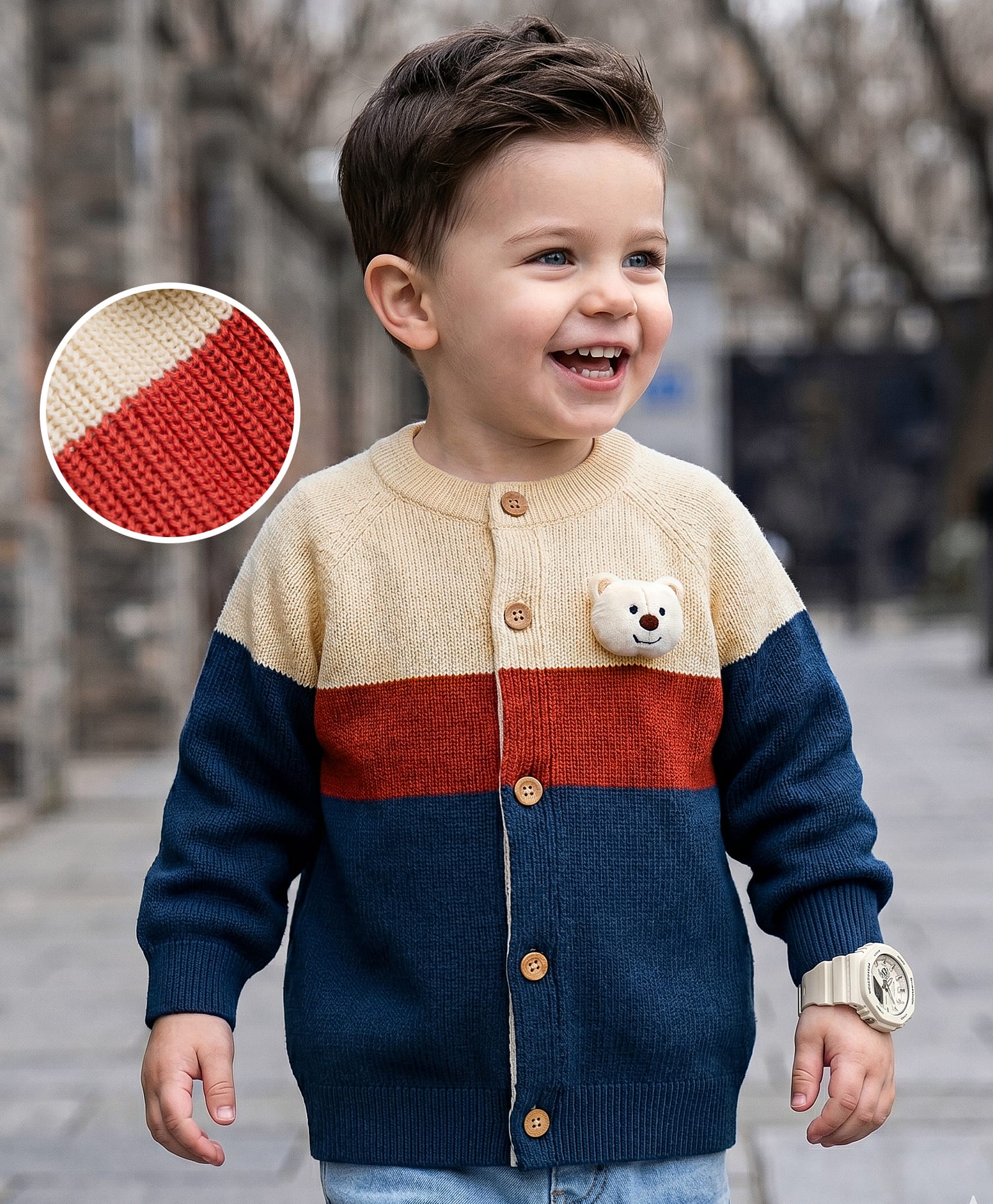 Babyoye 100% Cotton Interlock Knit Full Raglan Sleeves Colour Block Front Open Sweater with Bear Applique - Beige & Navy-picture-36