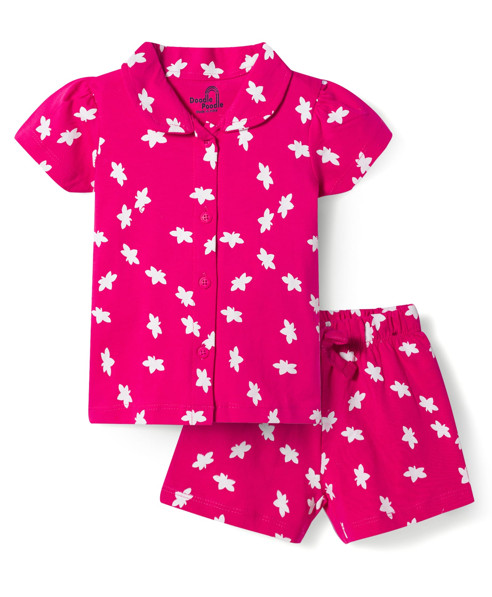Doodle Poodle 100% Cotton Knit Half Sleeves Floral Printed Co-Ords Shirt & Shorts Night Suit - Pink-image-35