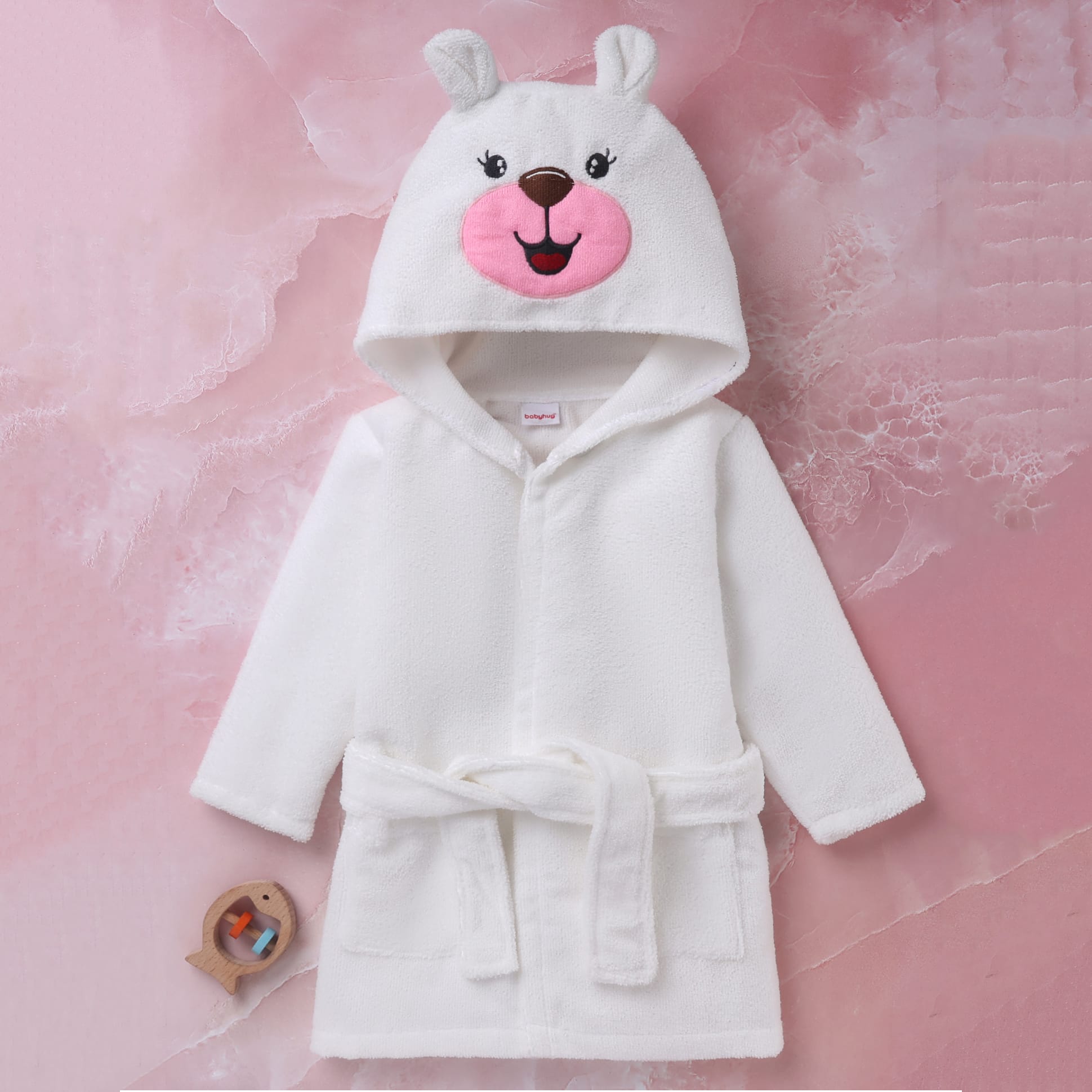 Babyhug Velour Microfiber Knit Full Sleeves Terry Hooded Bath Robe With Bear Embroidery & Applique - White-image-22
