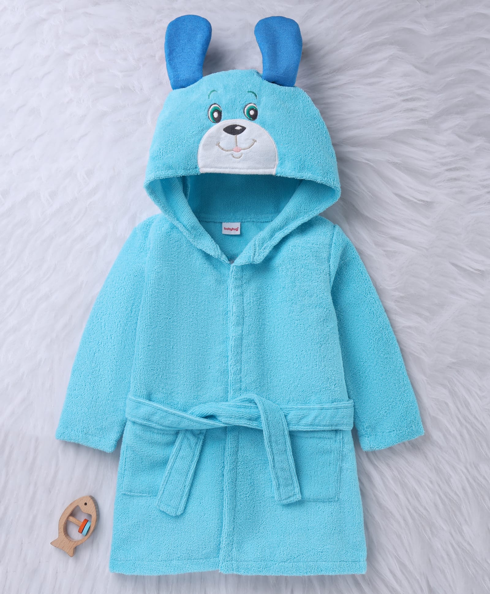 Babyhug Microfiber Full Sleeves Hooded Bath Robe With Puppy Embroidery & Ear Applique - Light Blue-image-5