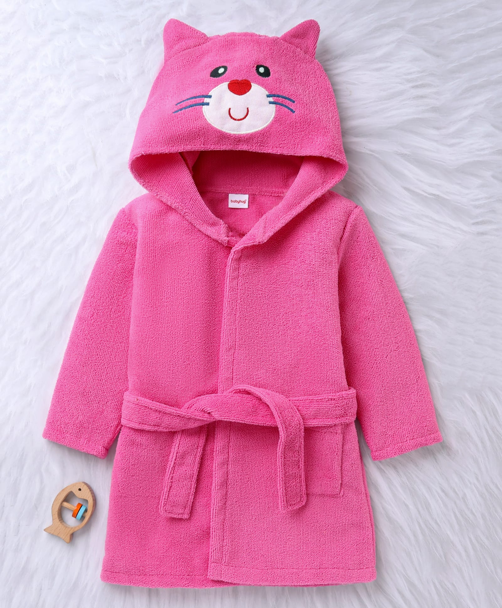 Babyhug Velour Microfiber Knit Full Sleeves Hooded Bath Robe With Cat Embroidery & Ear Applique - Dark Pink-image-17