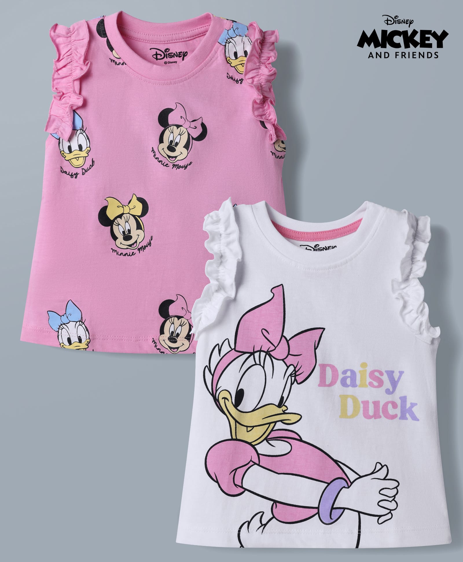 Babyhug Disney 100% Cotton Knit Sleeveless Tank T-Shirts With Minnie Mouse & Friends Graphic Pack of 2 - Pink & White-picture-18