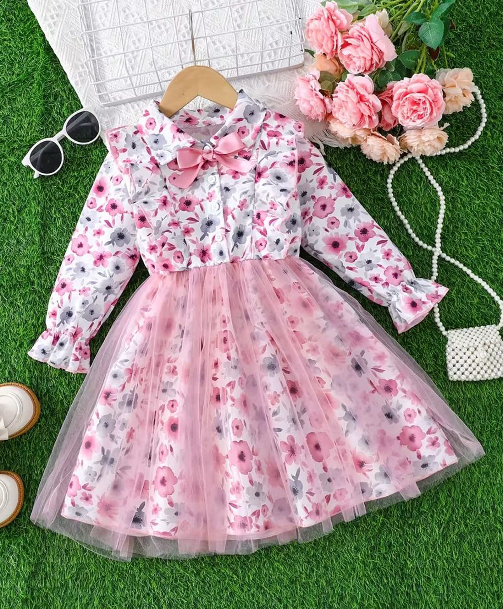 tior Net Woven Full Sleeves Floral Printed Dress - Pink-image-13