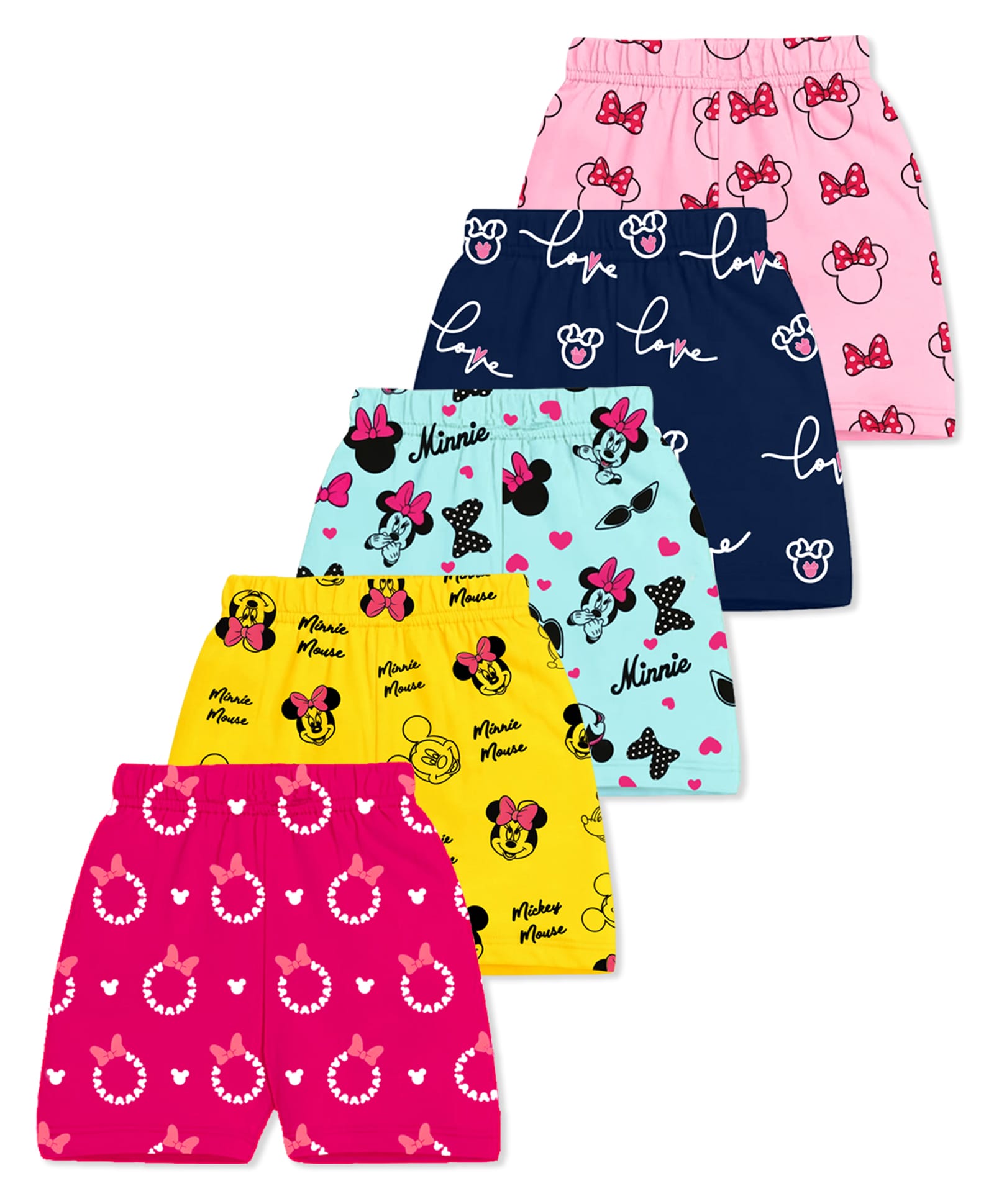 KUCHIPOO Cotton Blend Knit Pack Of 5 Disney Mickey Mouse & Fiends Featuring Minnie Mouse Printed Shorts - Pink Yellow Light Pink Sky & Navy Blue-picture-35