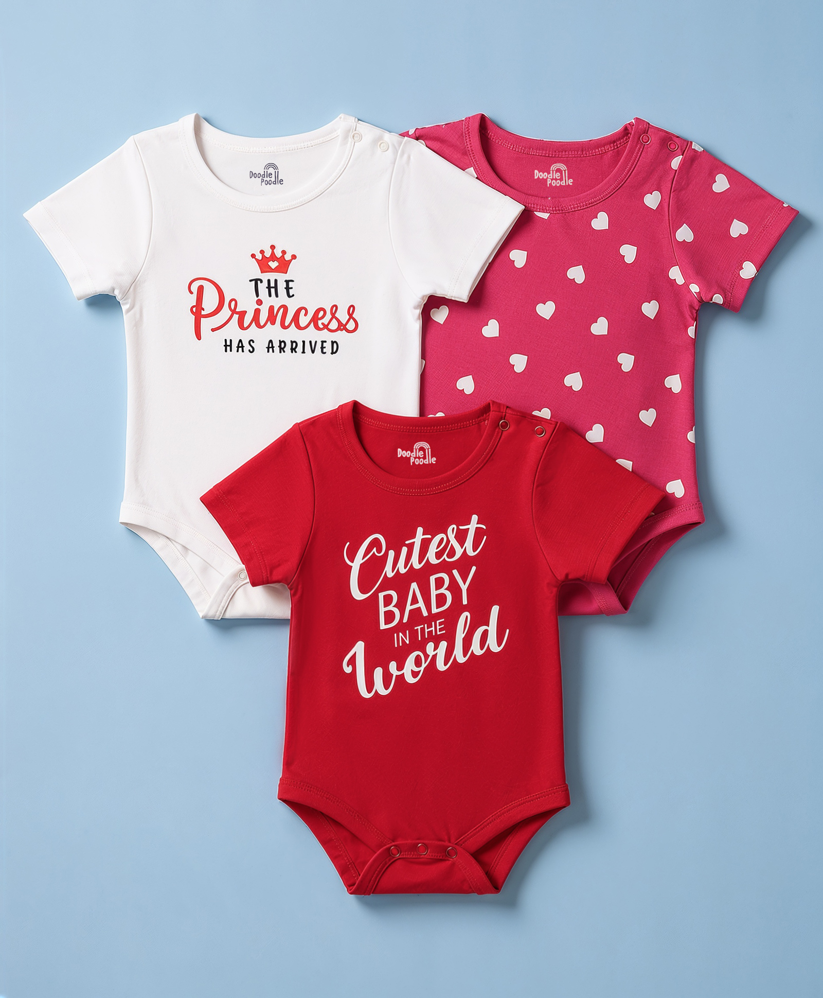 Doodle Poodle 100% Cotton Knit Half Sleeves Text & Hearts Printed Onesies Pack Of 3 - Red White & Dark Pink-picture-45