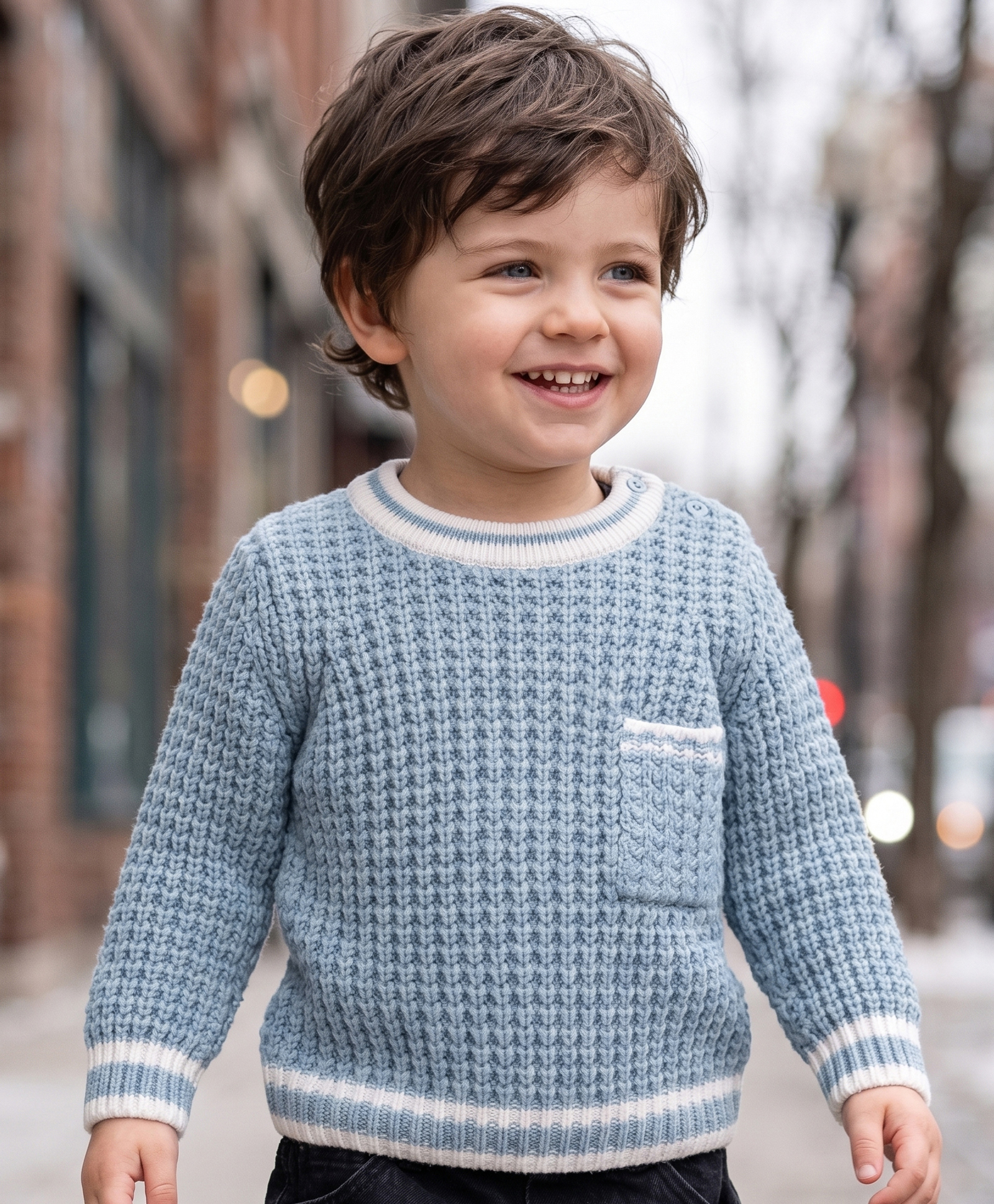 Babyoye Interlock Tuck Knit Full Sleeves Solid Colour Pullover with Poket Details - Blue & Off White-picture-23