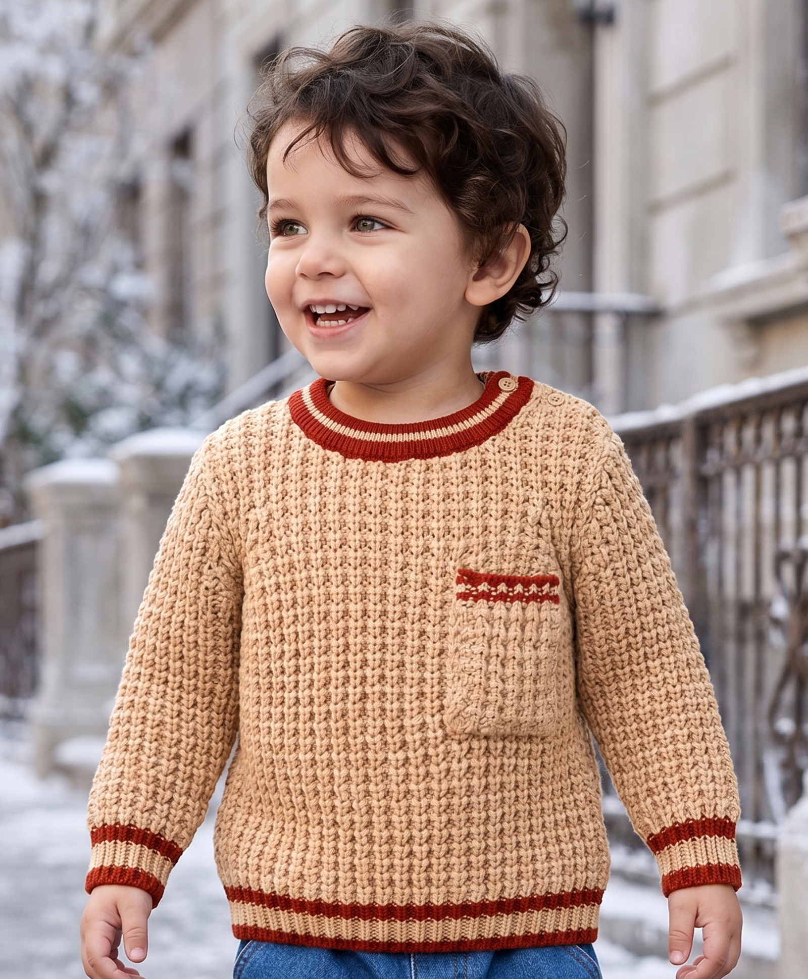 Babyoye Tuck Knit Full Sleeves Pullovers Solid Colour with Pocket Design - Beige-image-27